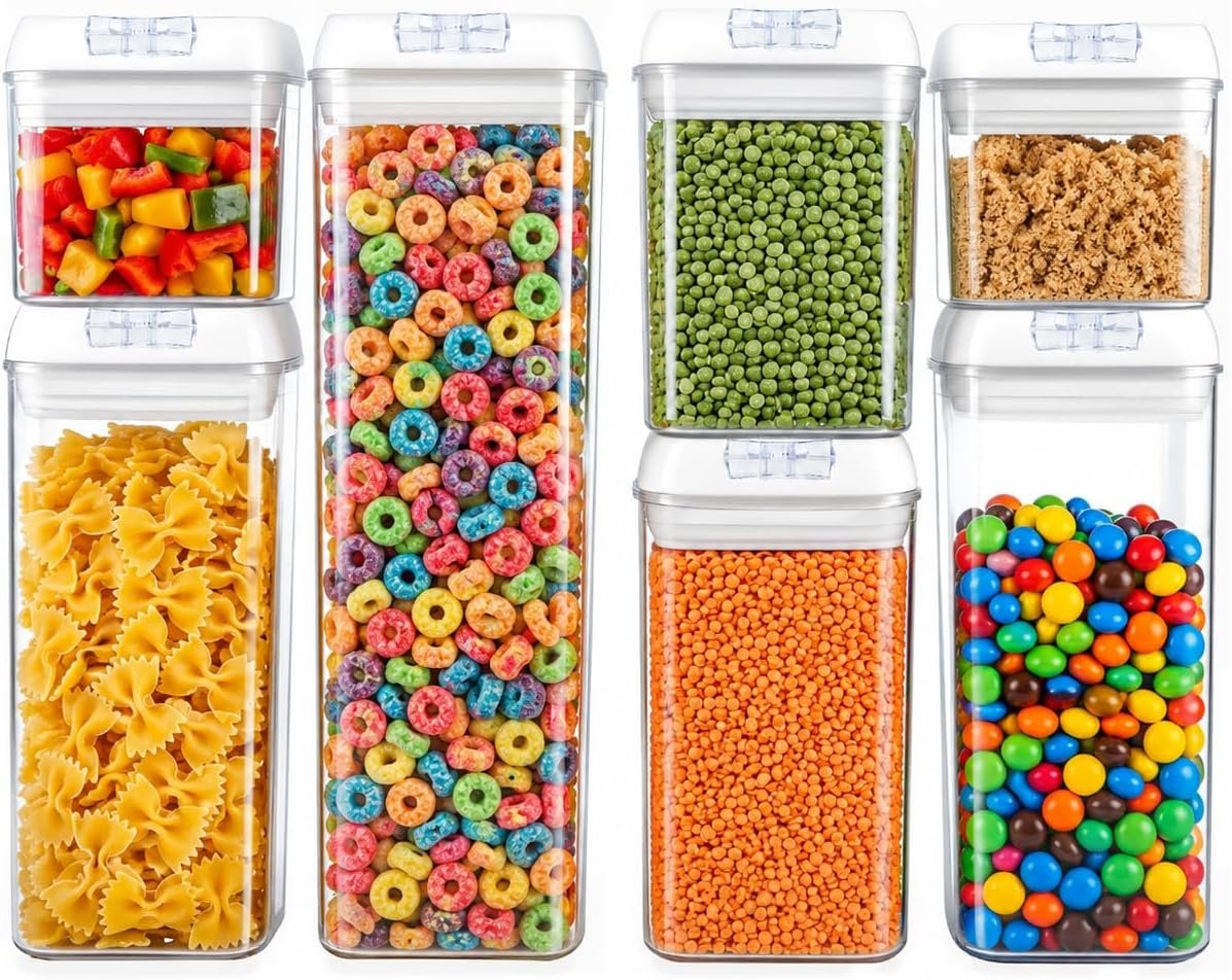 7-Piece Airtight Food Storage Containers with Lids, Clear Stackable Pantry Organization Set for Flour, Sugar, Cereal, Snacks and Kitchen Storage