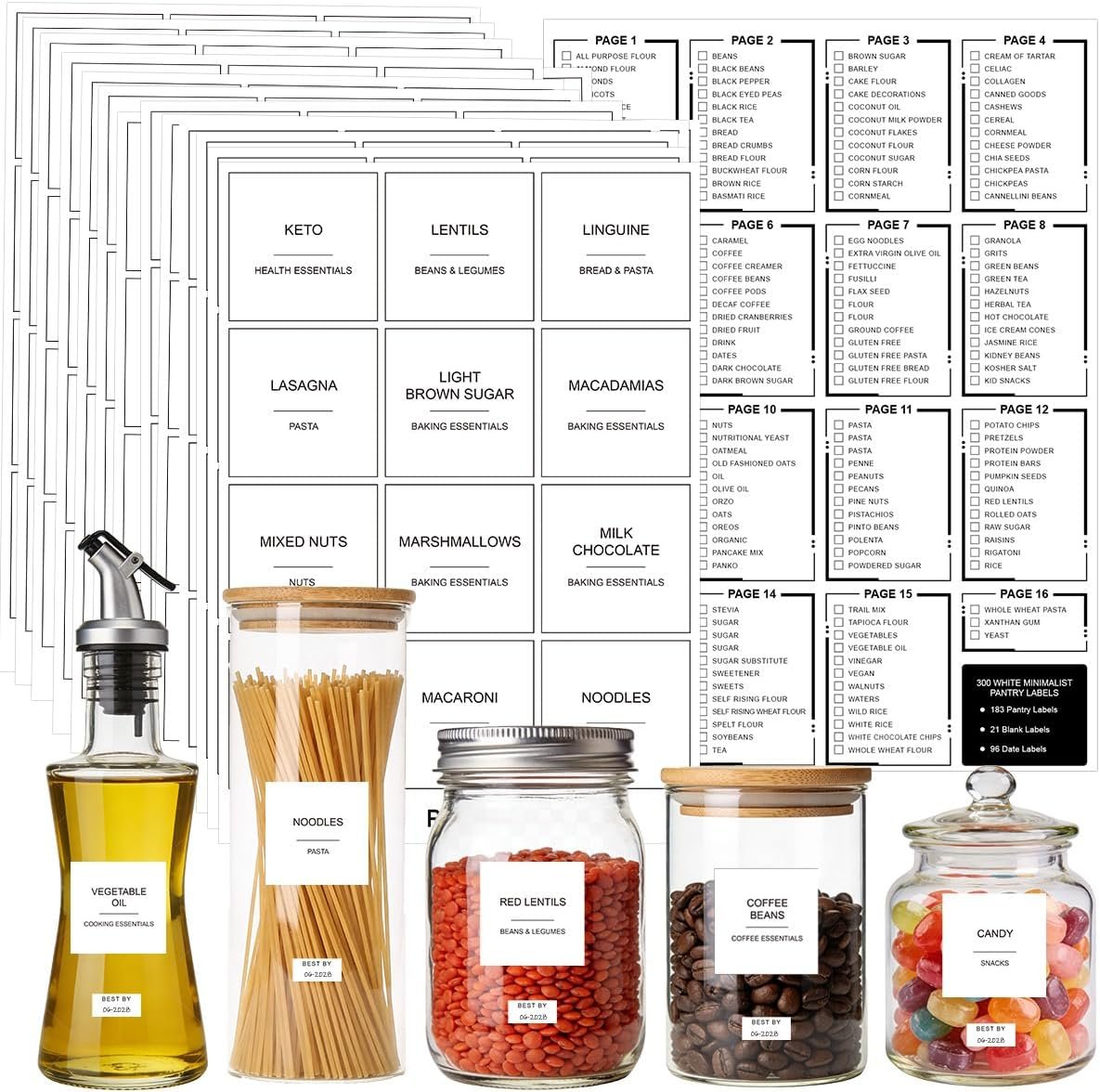 300pcs Pantry Labels for Food Containers, Preprinted Minimalist Waterproof Stickers Removable White Kitchen Food Labels Expiration Date Labels for Organizing Storage Bins Jars Bottles Boxes