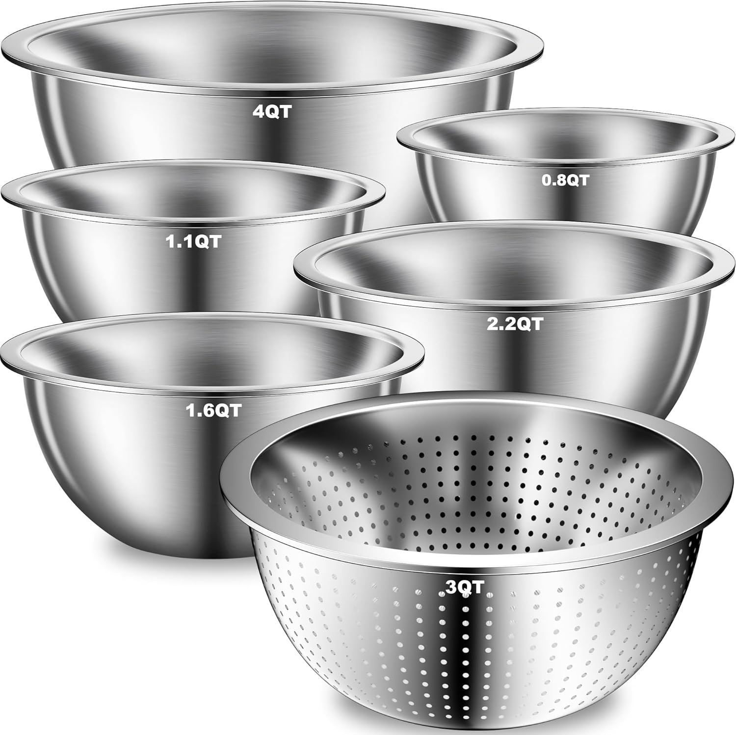 DUTZUN Heavy-Duty Stainless Steel Mixing Bowls Set of 5 plus 3QT Colander, Nesting Kitchen Metal Bowl for Baking Prep Salads Serving Cooking, Dishwasher Safe — 4.0 to 0.8 QT