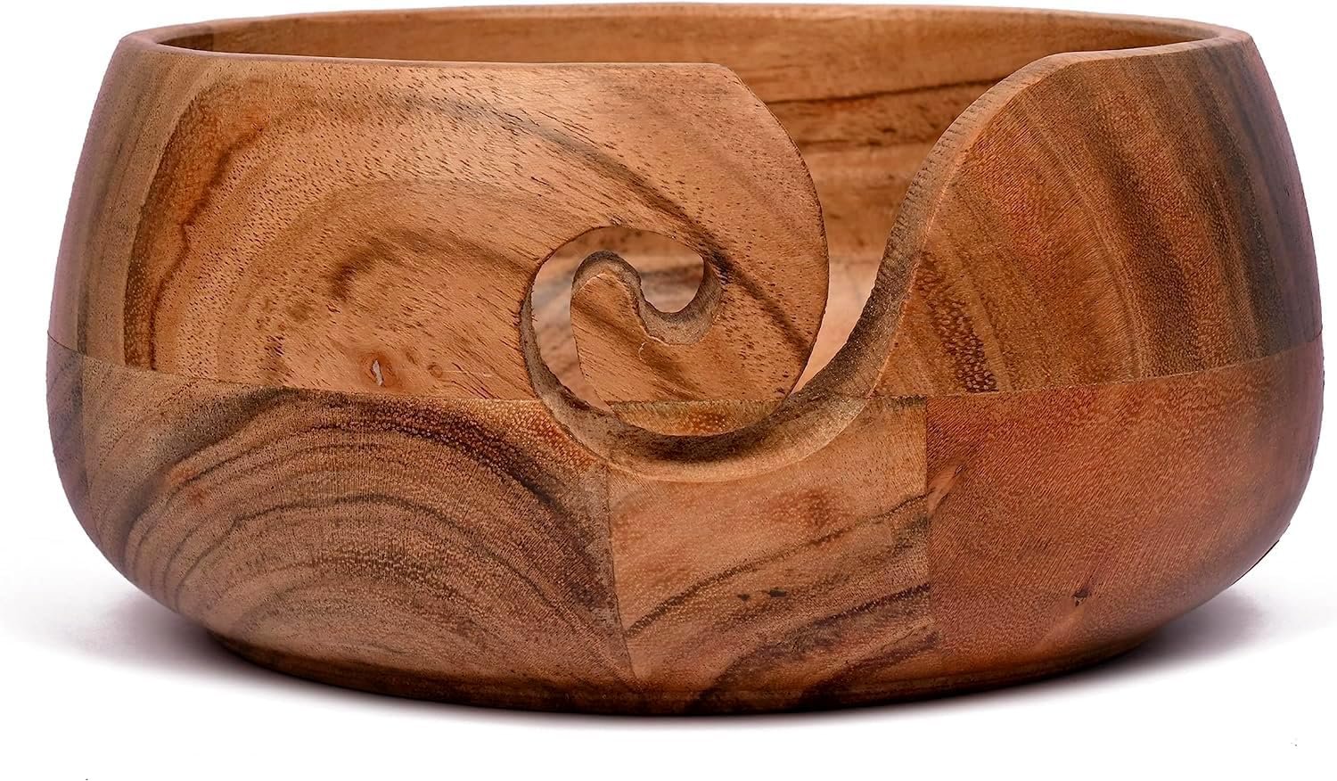 Samhita Acacia Wood Wooden Yarn Bowl for Crocheting & Knitting Hand Made by Indian Artisans Birthday Gifts for Mom & Knitting Lovers (6″ x 6″ x 3″)