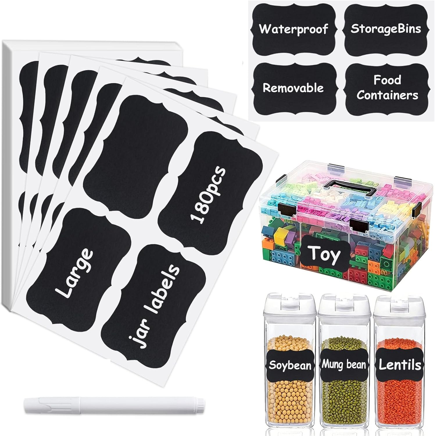 180PCS Chalkboard Labels-3.4″ x 2.1″ Large Size Reusable Blackboard Stickers with 1 Liquid Chalk Markers for Mason Jars, Storage Bins,Craft Rooms,Food Containers and Pantry Storage