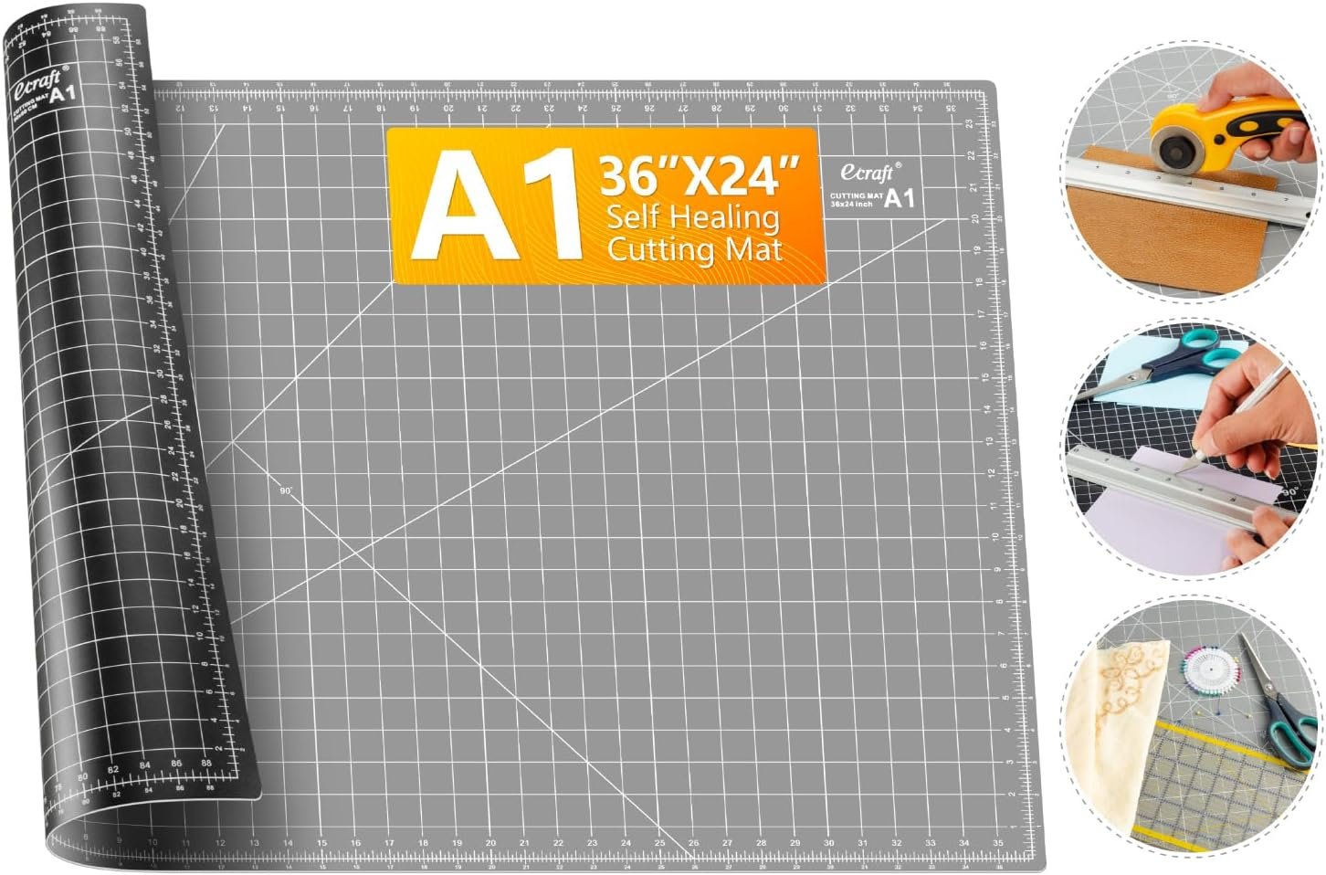 Ecraft Large Self Healing Cutting Mat: 24″ x 36″ Double Sided 5-Ply Hobby Mat, A1 Rotary Cutting Sewing Mat for Crafts, Fabric,Sewing,Quilting,Scrapbooking,Projects,Grey/Black