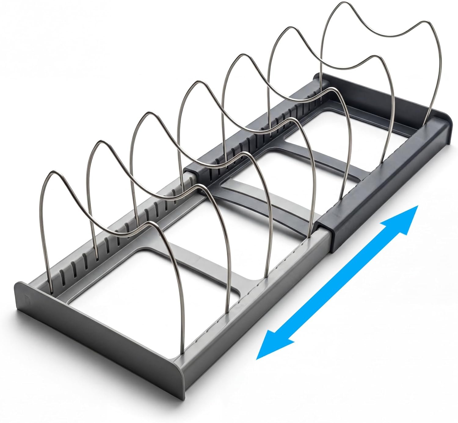 OMIO Expandable Pot Lid Organizer Rack for Under Cabinet, Adjustable 12″-22″ Kitchen Storage with 7 Steel Dividers, Scratch-Resistant ABS Base for Pans, Cutting Boards, Bakeware, Grey