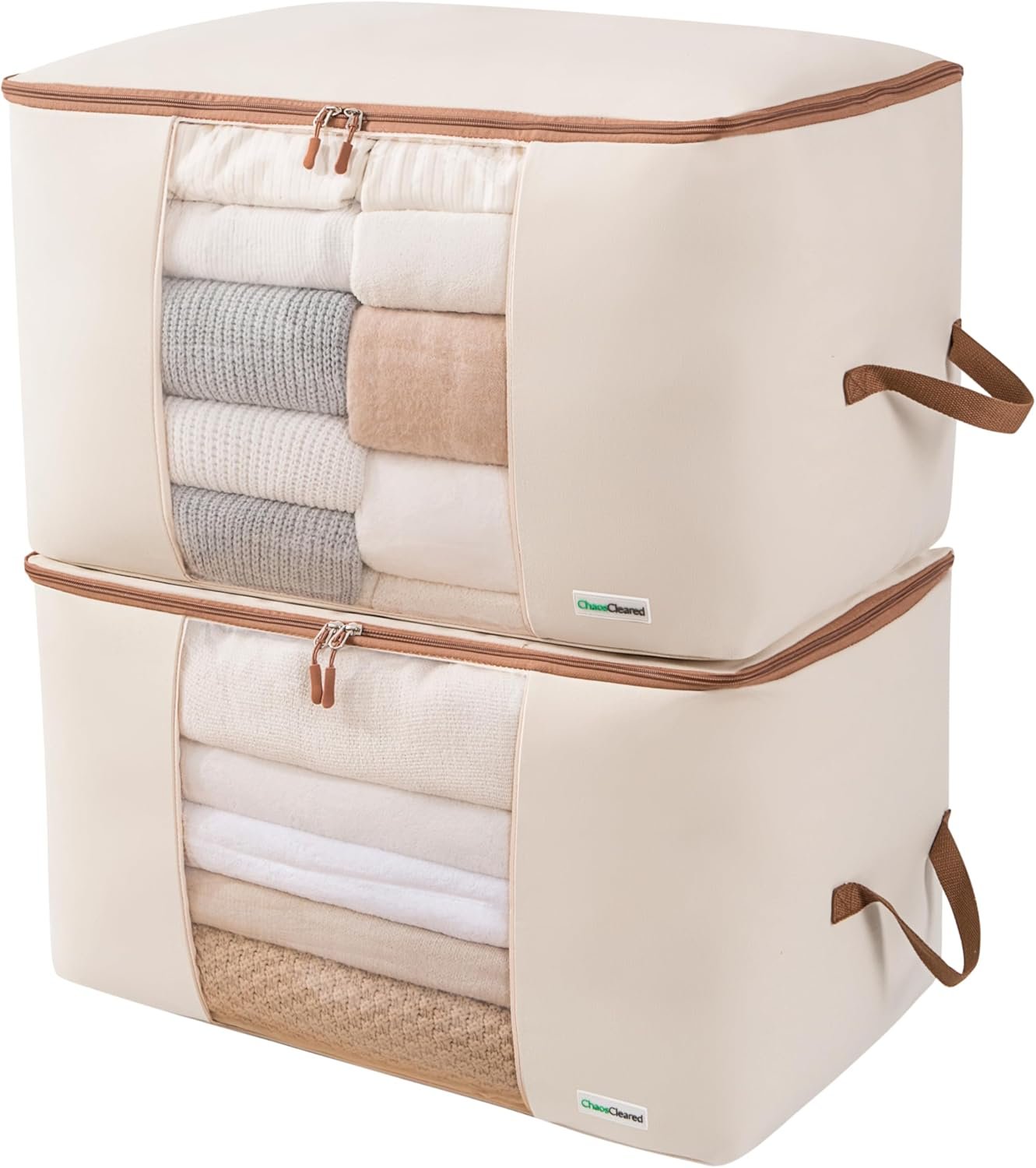 Chaos Cleared Canvas Storage Bags Designer Organizer for Comforters 2 Pack – Seasonal Storage for Pillows, Blankets, Linens & Garments – Foldable Design with Zip & Window, Moth-Proof Space Saver