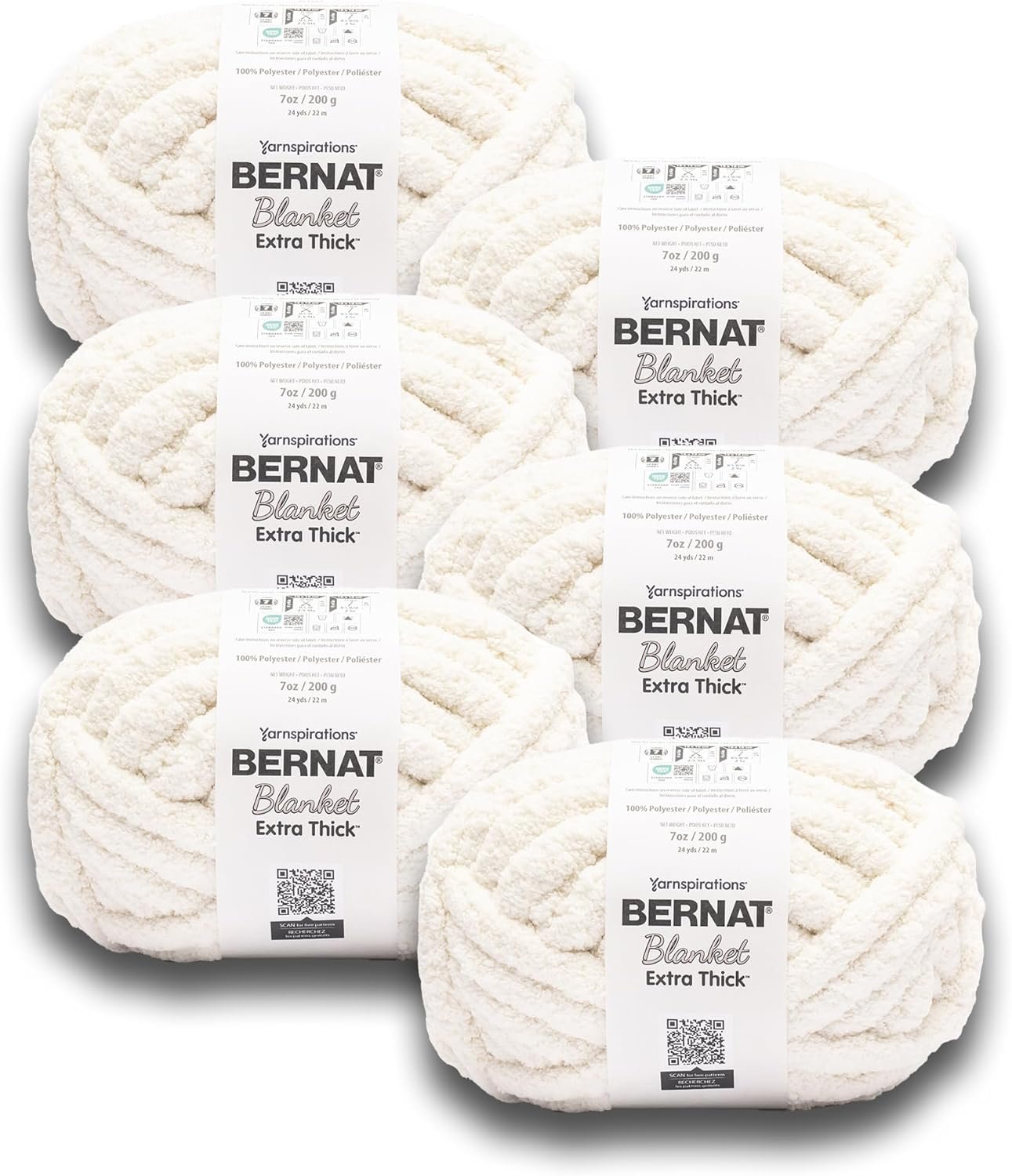 Bernat Extra Thick Vintage White Yarn – 6 Pack of 1200 g / 42.36 oz Total – 100% Polyester – #7 Jumbo – 144 Yards – Chunky Yarn for Hand Knitting/Crochet