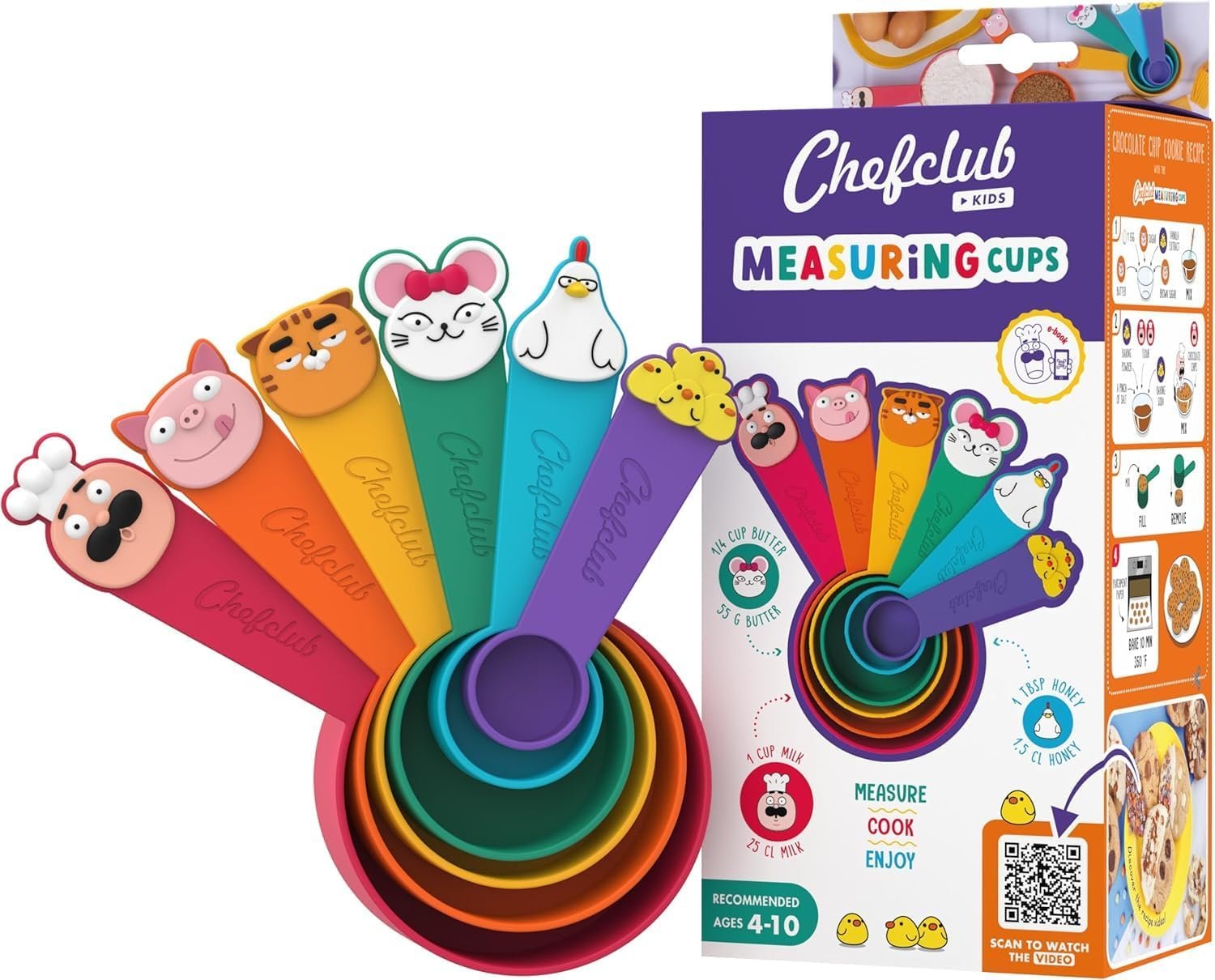 Chefclub Kids E-Book Starter Kit – Illustrated Multi-Language Recipe eBook with BPA-Free Color-Coded Measuring Cups, Montessori-Inspired Learning Tool for Cooking & Baking Dry or Liquid Ingredients