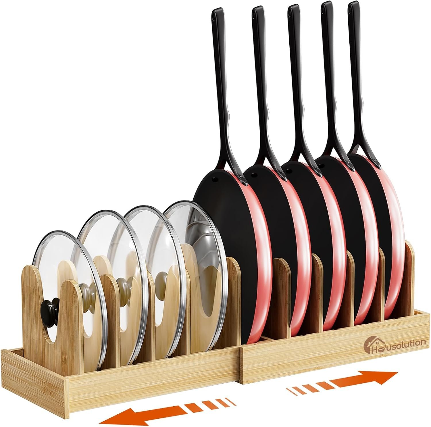 Housolution Bamboo Pot and Pan Organizer for Cabinet, 15″-29″ Expandable Pot Lid Organizer with 10 Adjustable Dividers, Wooden Pan Holder Storage Rack, Fully Expanded Size 29.5″ W x 8″ D x 7.5″ H
