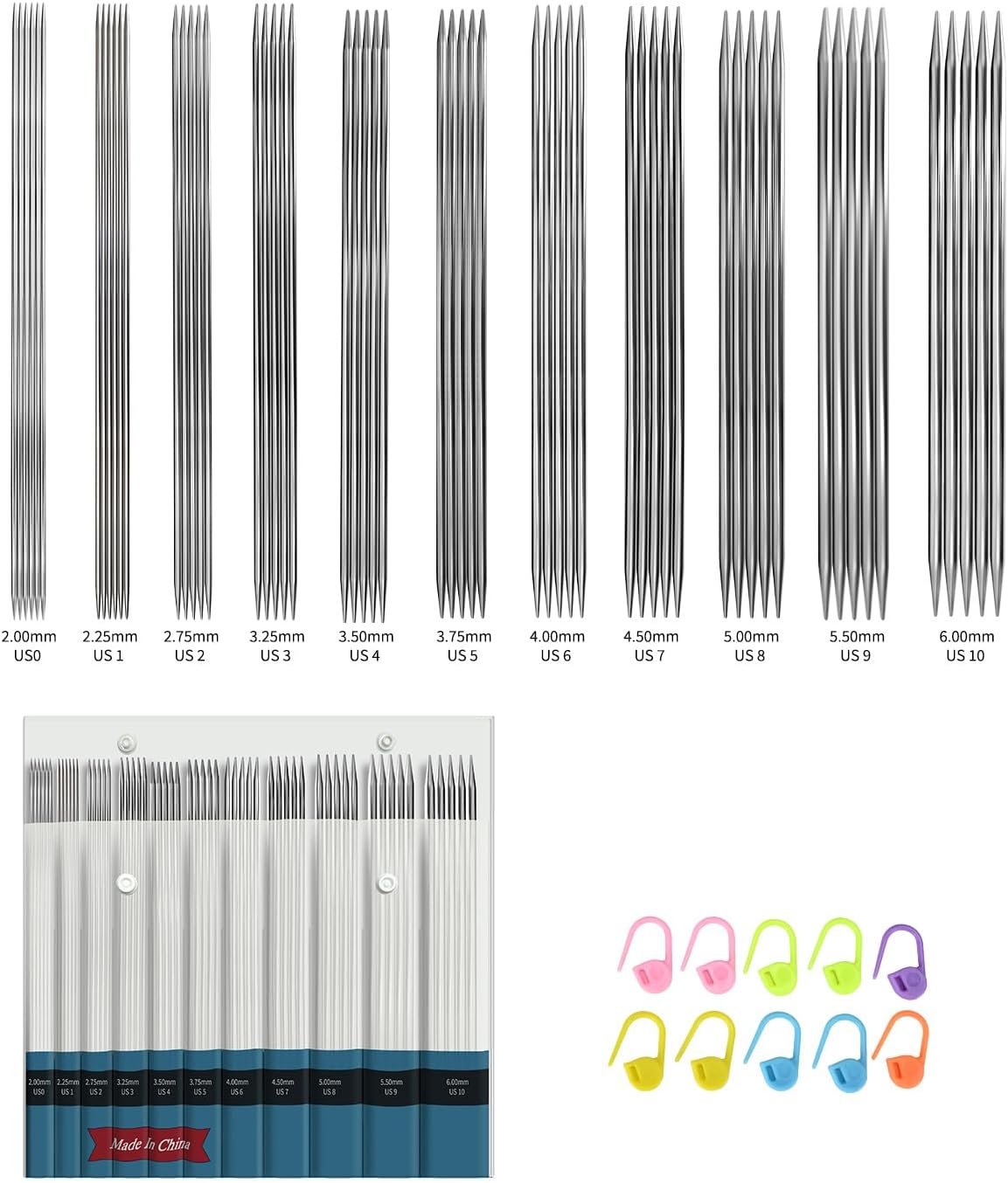 Double-Pointed Knitting Needle Set, 8-inch/20-cm Stainless Steel Needles, Perfect for Knitting Socks, Hats, and Gloves. Ergonomically Designed, Suitable for Both Beginners and Experienced Knitters.