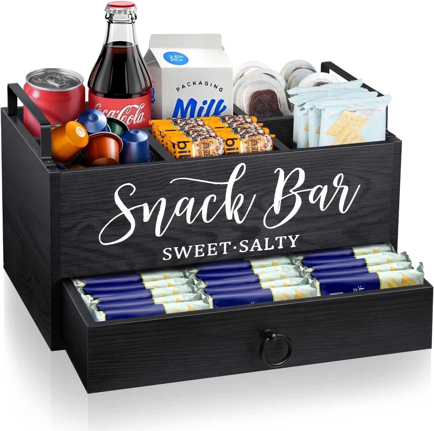 MINCORD Snack Organizer for Countertop, Wood Snack Basket Snack Tray with Handles, 5 Compartment Pantry Storage Bins with Drawer, Food Container Snack Box for Snacks, Chips, Packets