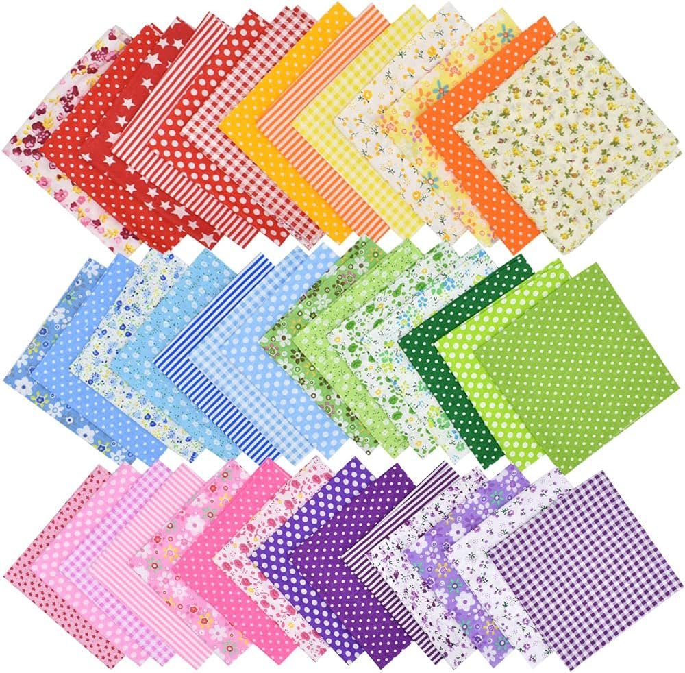 42Pcs 10″x10″ Quilting Cotton Fabric Squares Sheets Pre-Cut Multi-Color Design Printed Floral Craft Fabric for DIY Sewing Scrapbooking Quilting Craft Patchwork (Red/Pink/Yellow/Green/Blue/Purple)