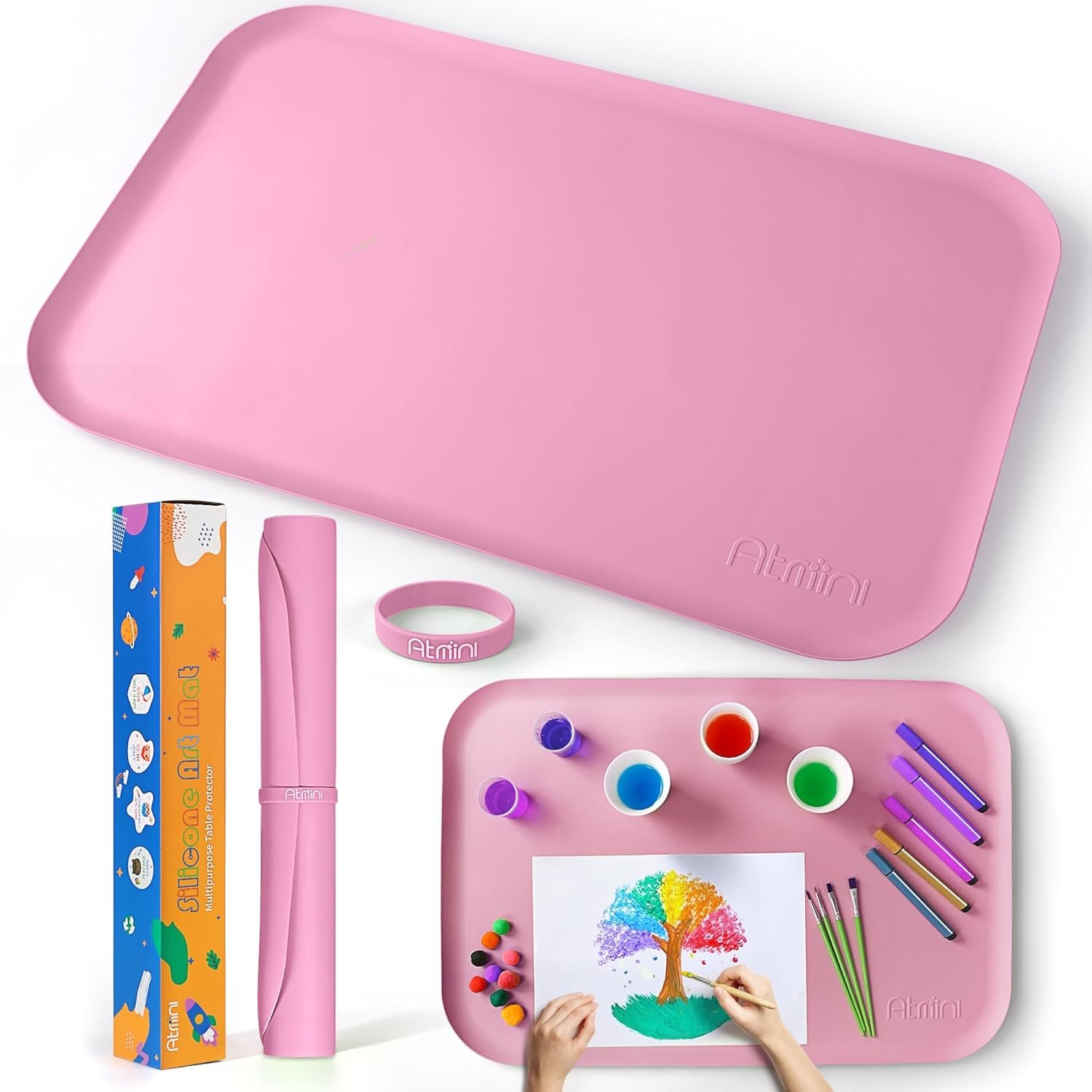 AtMini Silicone Craft Mats for Kids 24″x16″– with Raised Lip & Non-Slip | Reusable Silicone Art Mat for Play Sand, Painting, DIY Crafts | Durable Design (Pink)