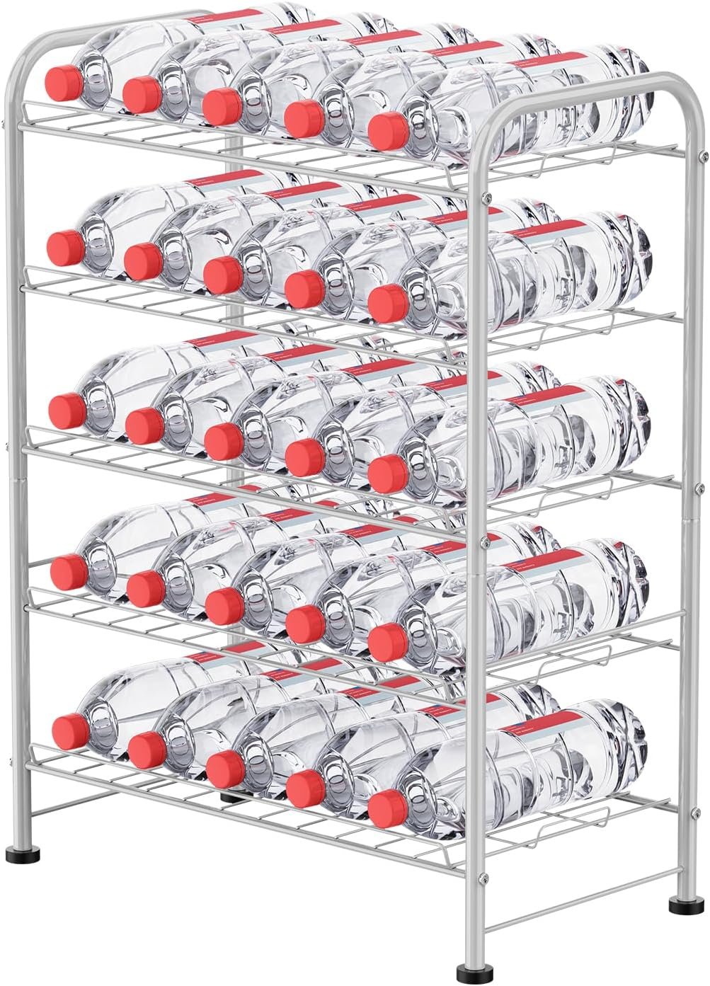 BTY 5 Tier Water Bottle Organizer Small Water Bottle Holder Stand Freestanding Metal Bottled Water Rack Dispenser for Kitchen, Pantry Organization and Storage, Silver
