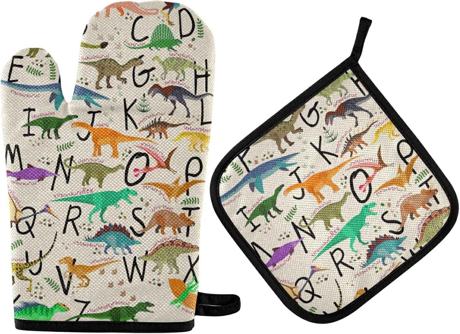 QUGRL Alphabet Dinosaurs Kid Oven Mitts and Pot Holders Sets Watercolor Hot Pads Heat Resistant Cooking Gloves Handling Kitchen Cookware Bakeware BBQ
