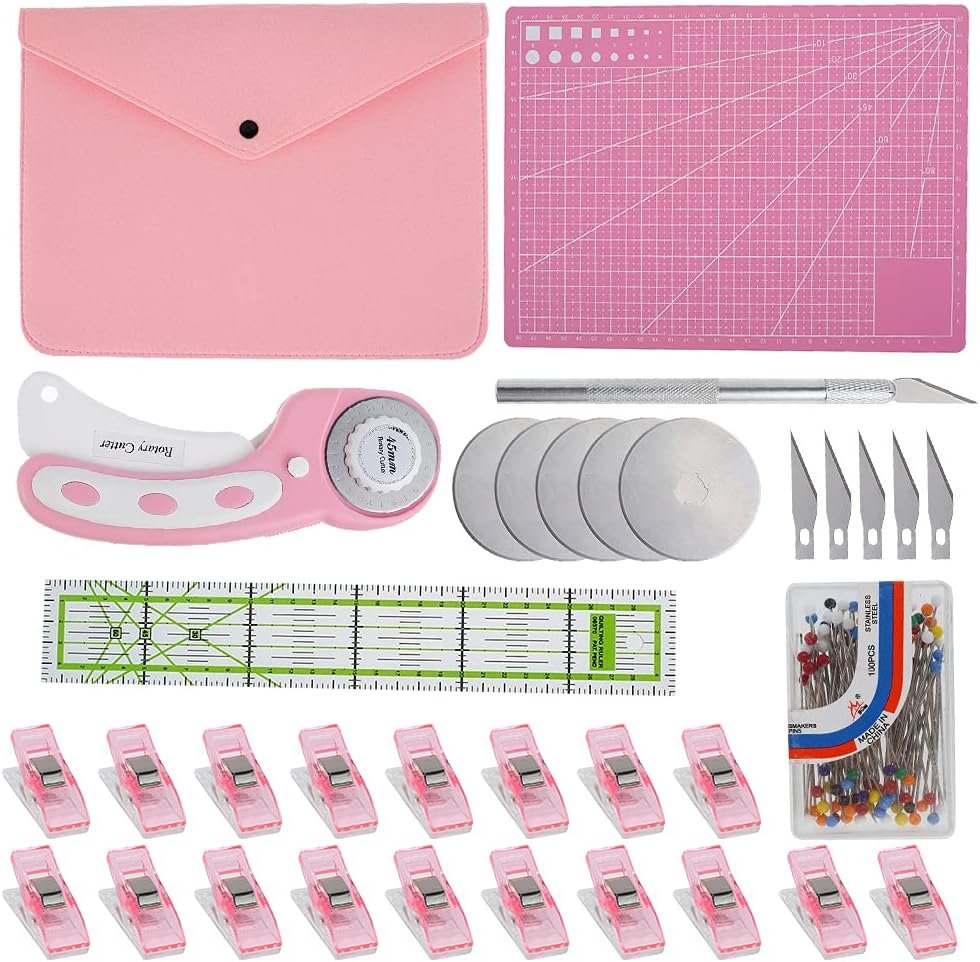 Abizarch Rotary Cutter Set – 45mm Rotary Fabric Cutter, A4 Cutting Mat, Self Healing Sewing Mats, Quilting Ruler and Fixing Clips, Craft Knife Set, Ideal for Crafting, Sewing, Patchworking