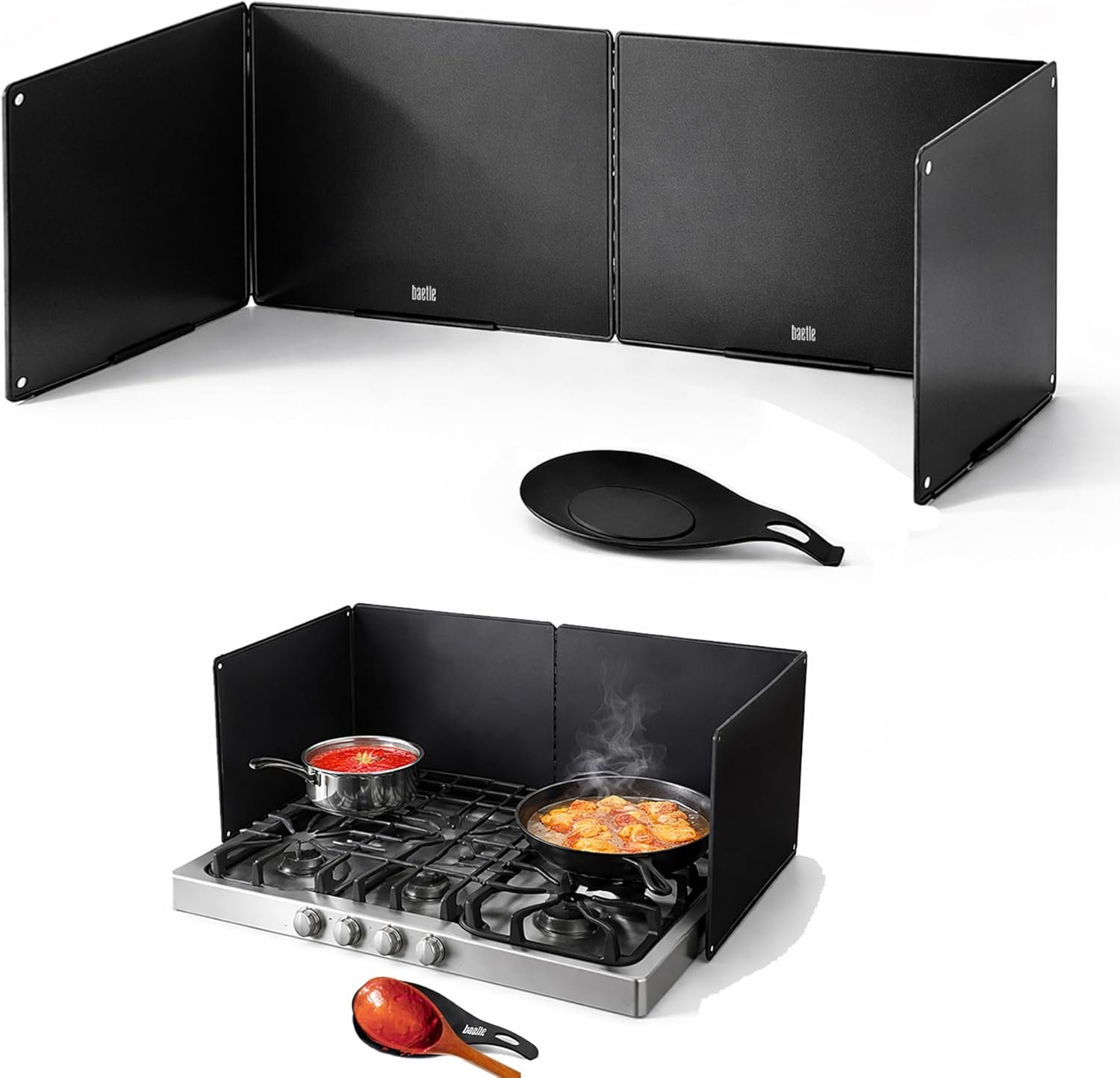 Foldable, Nonstick, Grease Splatter Guard for Stove Top by Baetle– Heavy-Duty Stainless Steel Oil Splash Shield, Premium Black Style, 29.5″ Wide Back Panel, 13.6″ Deep–with Spoon Rest