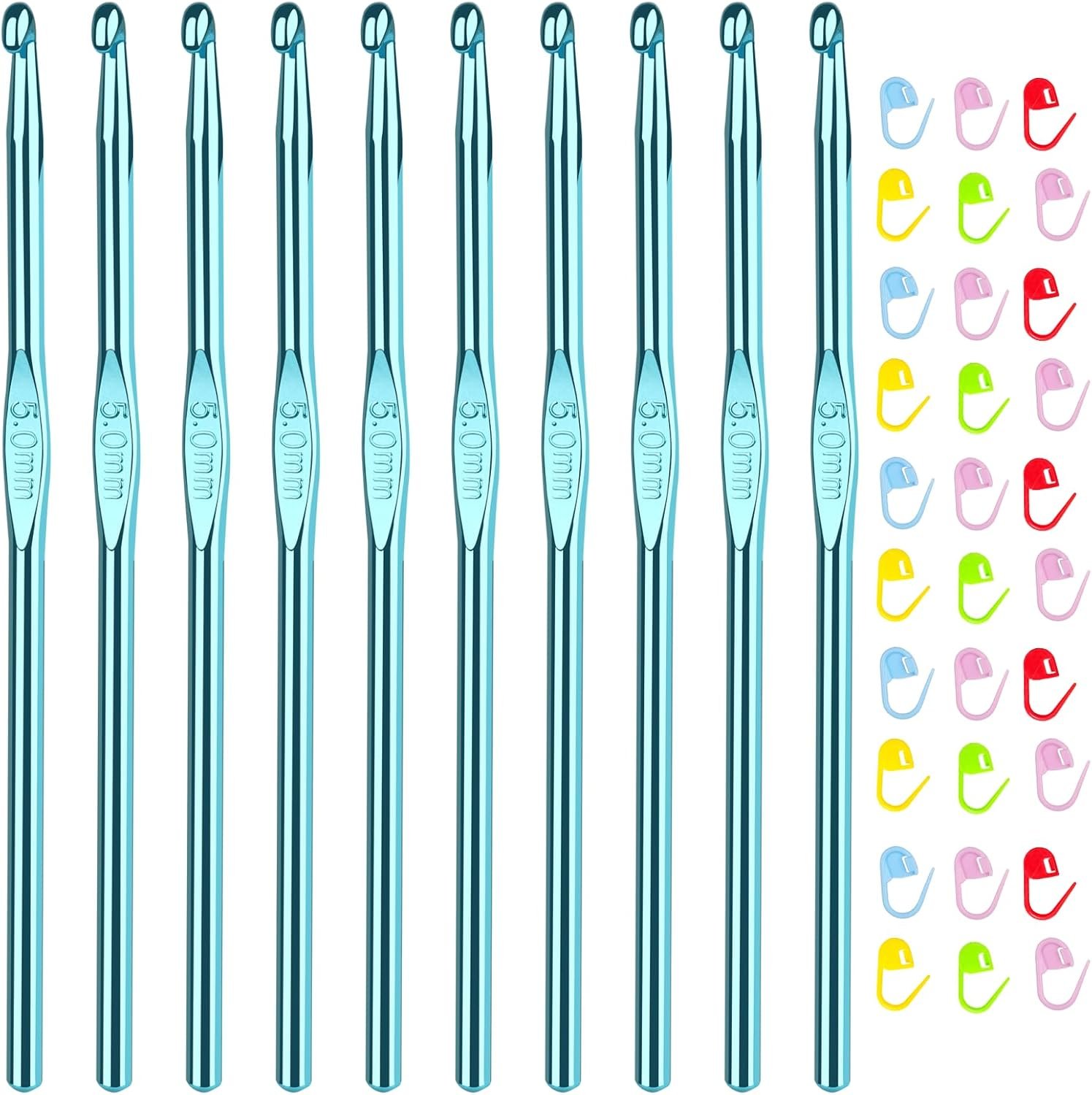 Aeelike 10pcs Size H / 5.0mm Crochet Hooks,Aluminum Crochet Needles and 30pcs Stitch Markers for Beginner and Advanced, Crocheter Hook Set for Learning How to Crochet