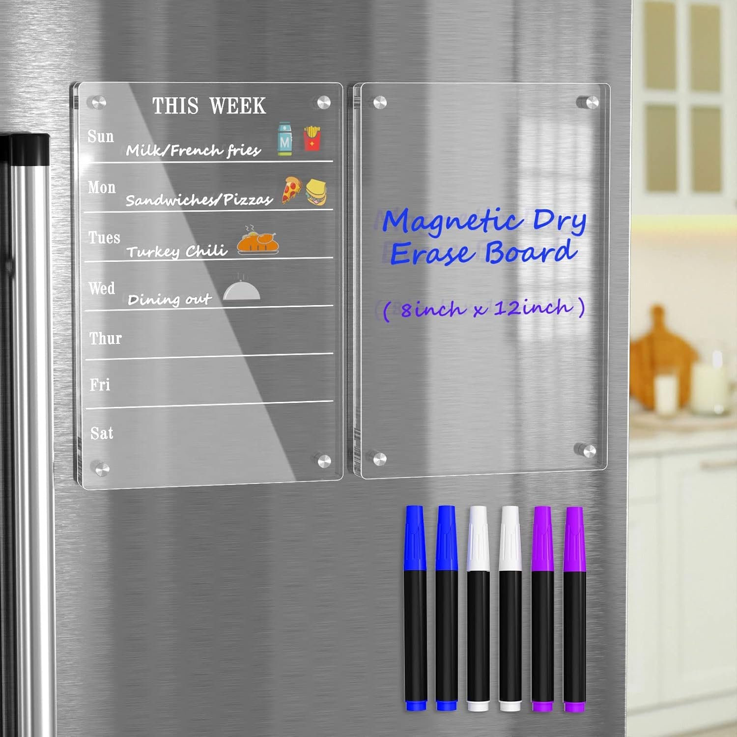 AITEE Acrylic Magnetic Weekly Meal Planner for Fridge, Clear Set of 2 Dry Erase Board Calendar and Memo for Refrigerator Reusable Week Planner, Includes 6 Dry Erase Markers With 3 Colors(8″x12″Inches)