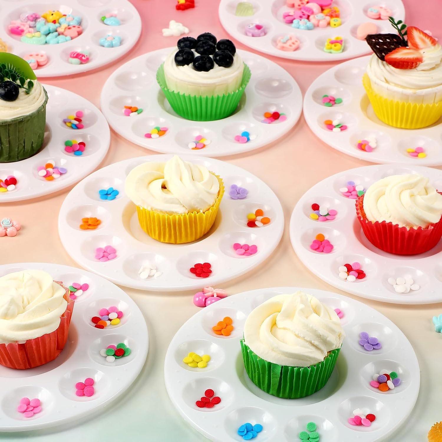 Remerry Cupcake Decorating Kit for Art Party Cake Station, 12pcs Paint Palette and 100 Count Cupcake Liners Baking Cups for Kids DIY Birthday Party