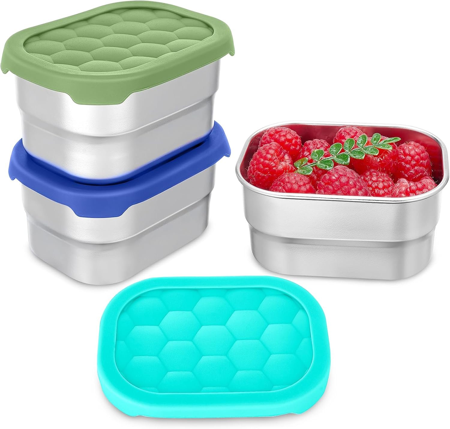 Gencywe 3 Pack Stainless Steel Snack Containers for Kids, 8 oz Easy Open Leak Proof Small Toddler Snack Containers with Silicone Lids, Stackable Metal Lunch Box for Daycare and School (Blue)