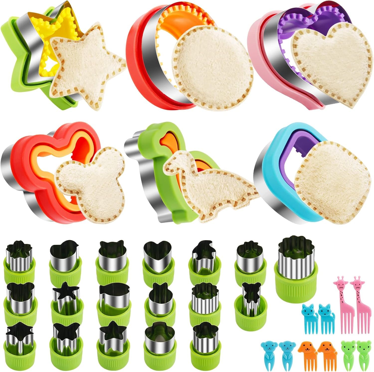 Uncrustable Sandwich Cutters Set 34pcs, 6pcs Sandwich Cutter and Sealer and 18pcs Fruit Cutter Shapes for Kids with 10pcs Cute Animal Forks, Ideal for School Lunch Boxes and Bento Boxes Boys Girls