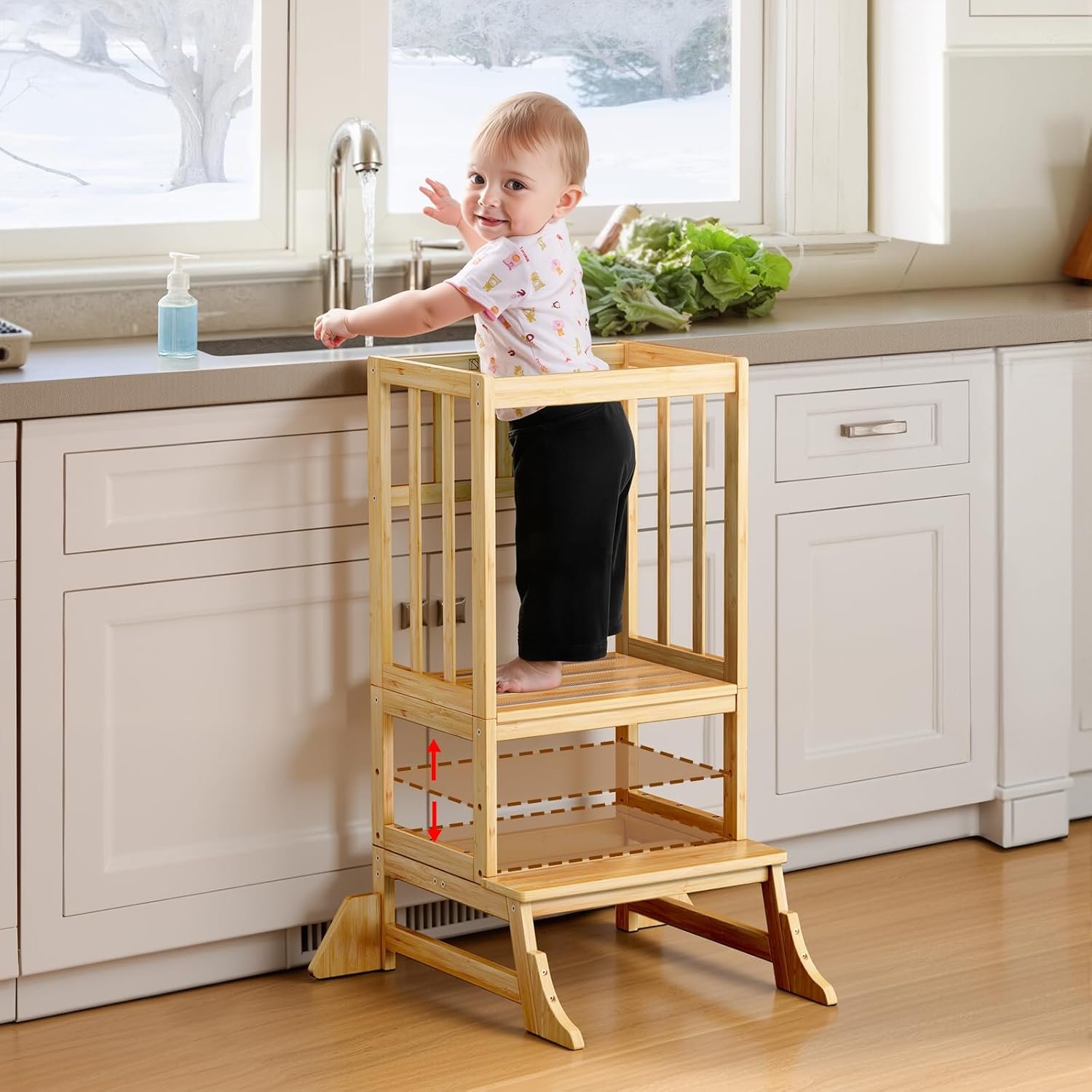 COSYLAND Toddler Step Stool – Height Adjustable Kids Standing Tower for Kitchen and Bathroom – Toddler Kitchen Stool Helper with Stabilizing Base for Sink and Counter (Natural)