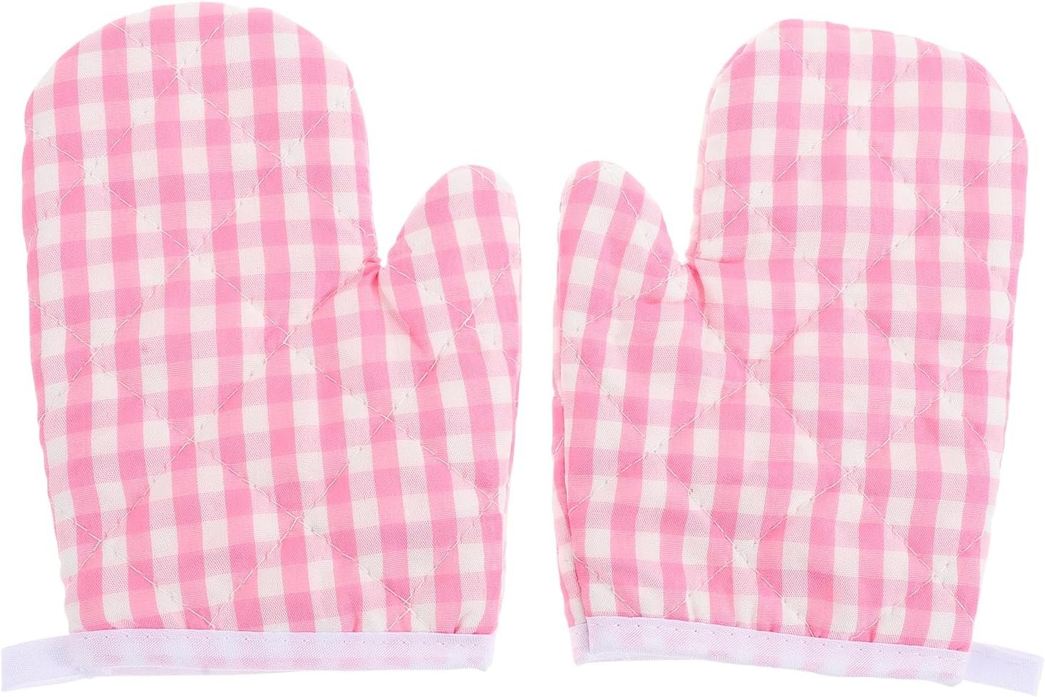 2Pcs Kids Oven Mitts Children Heat Resistant Kitchen Mitts Checkered Kitchen Oven Gloves Kids Mittens for Safe Cooking Baking Microwave Child Play BBQ Grilling