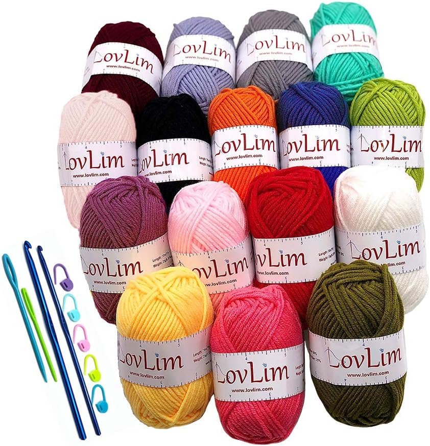 Milk-Cotton Crochet Yarn Kit, 16 Skeins DK Weight, 1000+ Yards, Hooks, Needles & Safety Eyes, 40+ Free Patterns, for Amigurumi, Crocheting & Knitting – Complete Starter Kit