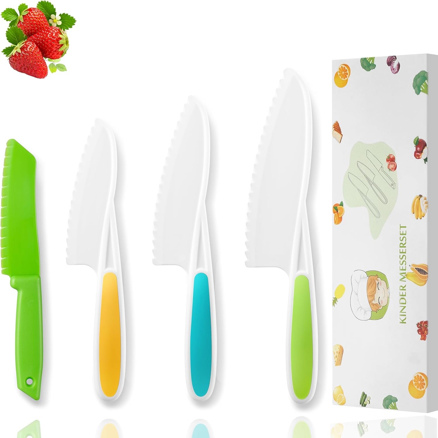 WALAWALA 4PCS Kids Knife Set for Real Cooking BPA Free with Plastic Toddler Play Kitchen Knives with Serrated Teeth Kitchen Safe Knives for Real Cooking and Cutting Fruits and breads