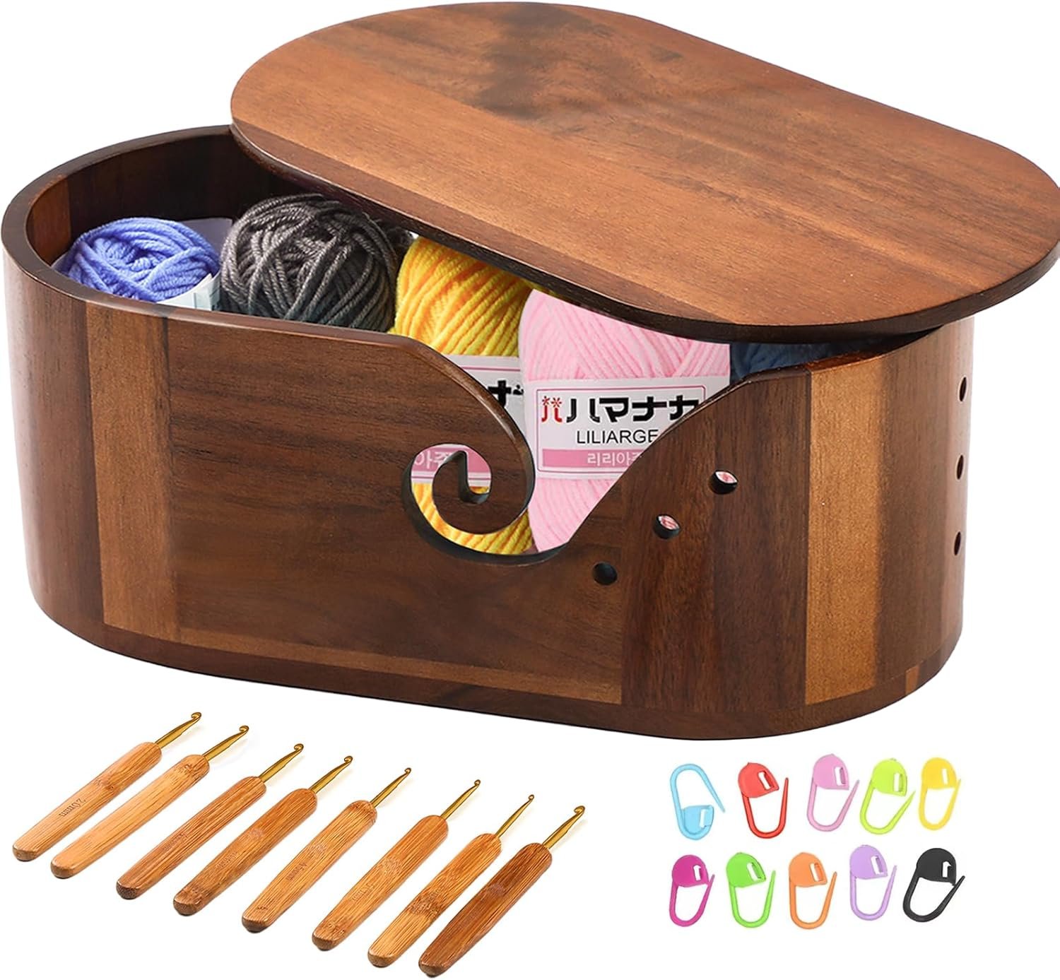 Large Oval Wooden Yarn Bowls For Knitting , Acacia Yarn Holder With Accessories ,Double Curling Slot Crochet Yarn Bowl With Lid,Preventing tangles,Ideal Gifts Set For Knitters(Simple Style)