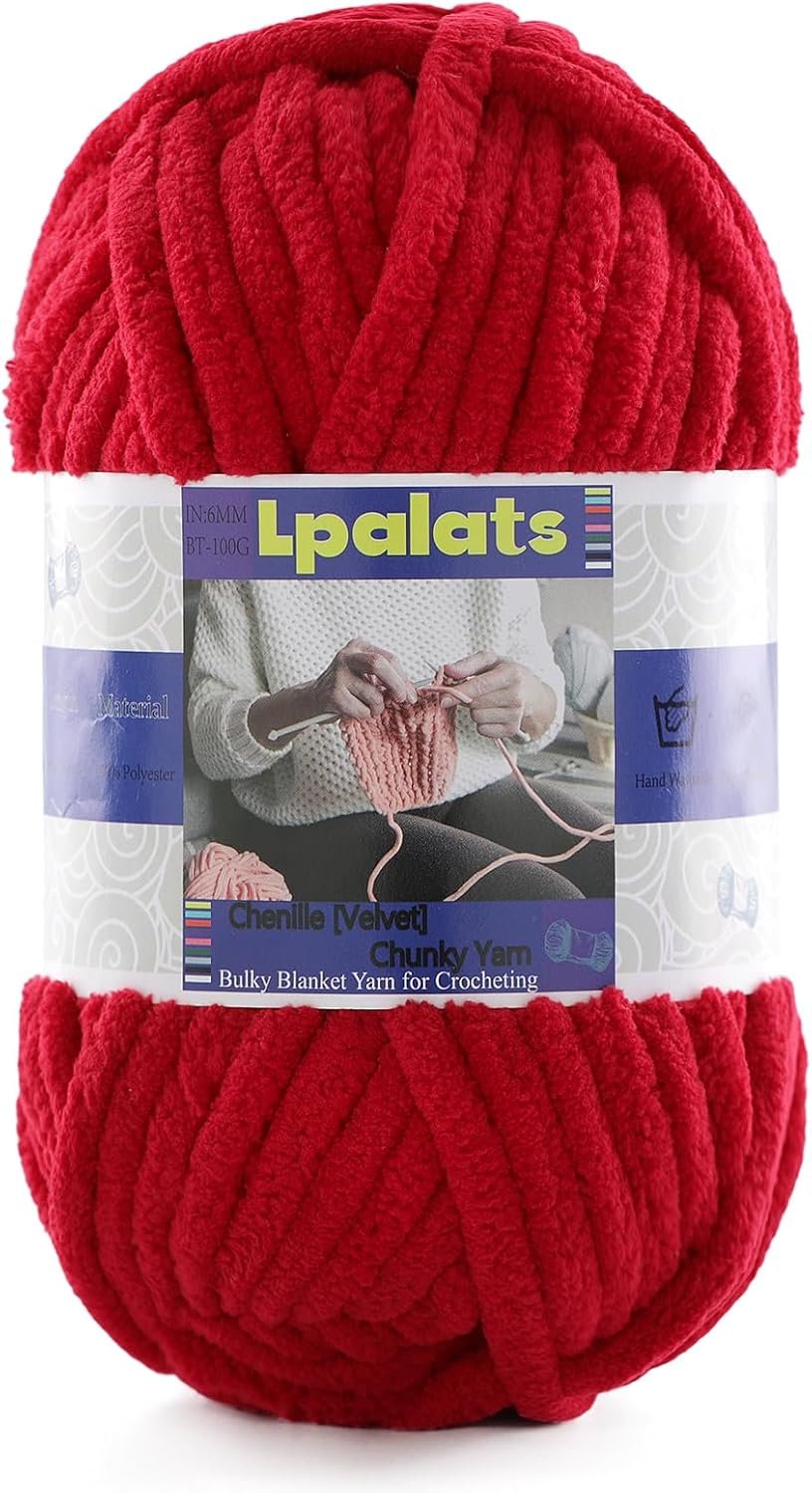 Chunky Chenille Yarn for Crocheting – 1 Pack of 100g/3.5oz – #6 Super Bulky – Polyester – Baby Blanket Yarn for Crochet Amigurumi Blankets (1, Jujube Red)