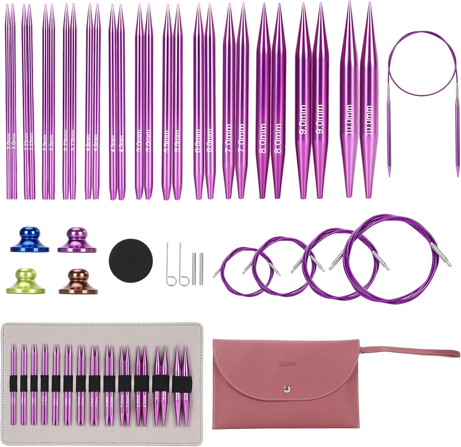 liomey Interchangeable Circular Knitting Needles Set – 13 Pairs of 4 Inch (3mm-10mm), Aluminum Needles, Ergonomic Design for Beginners and Advanced Knitters, Purple
