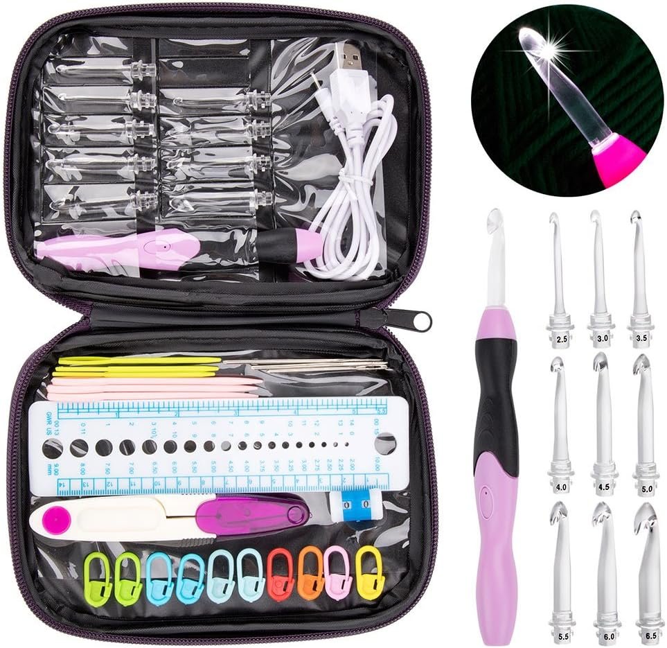 Vidillo Crochet Hooks Lights Set with Case, Ergonomic Rechargeable Lighted Hooks,9 Interchangeable Heads Hooks with a Crochet Hooks Case, Knitting Knit Needles Weave Yarn Sewing DIY Craft (Purple)