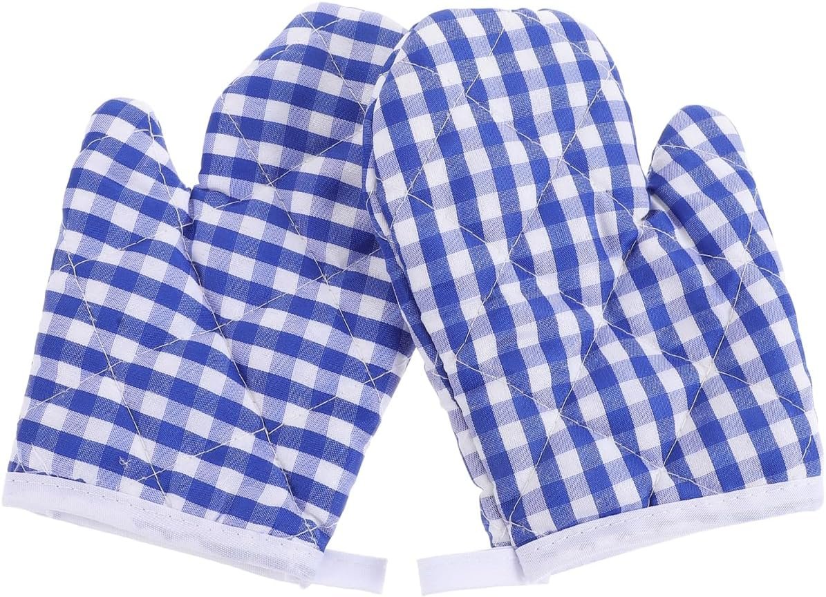 Oven Mitts for Kids, Kitchen Mitts for Oven, Blue Grid Kitchen Gloves Heat Resistant for Cooking Baking Microwave, 6.6inchx4.7inch