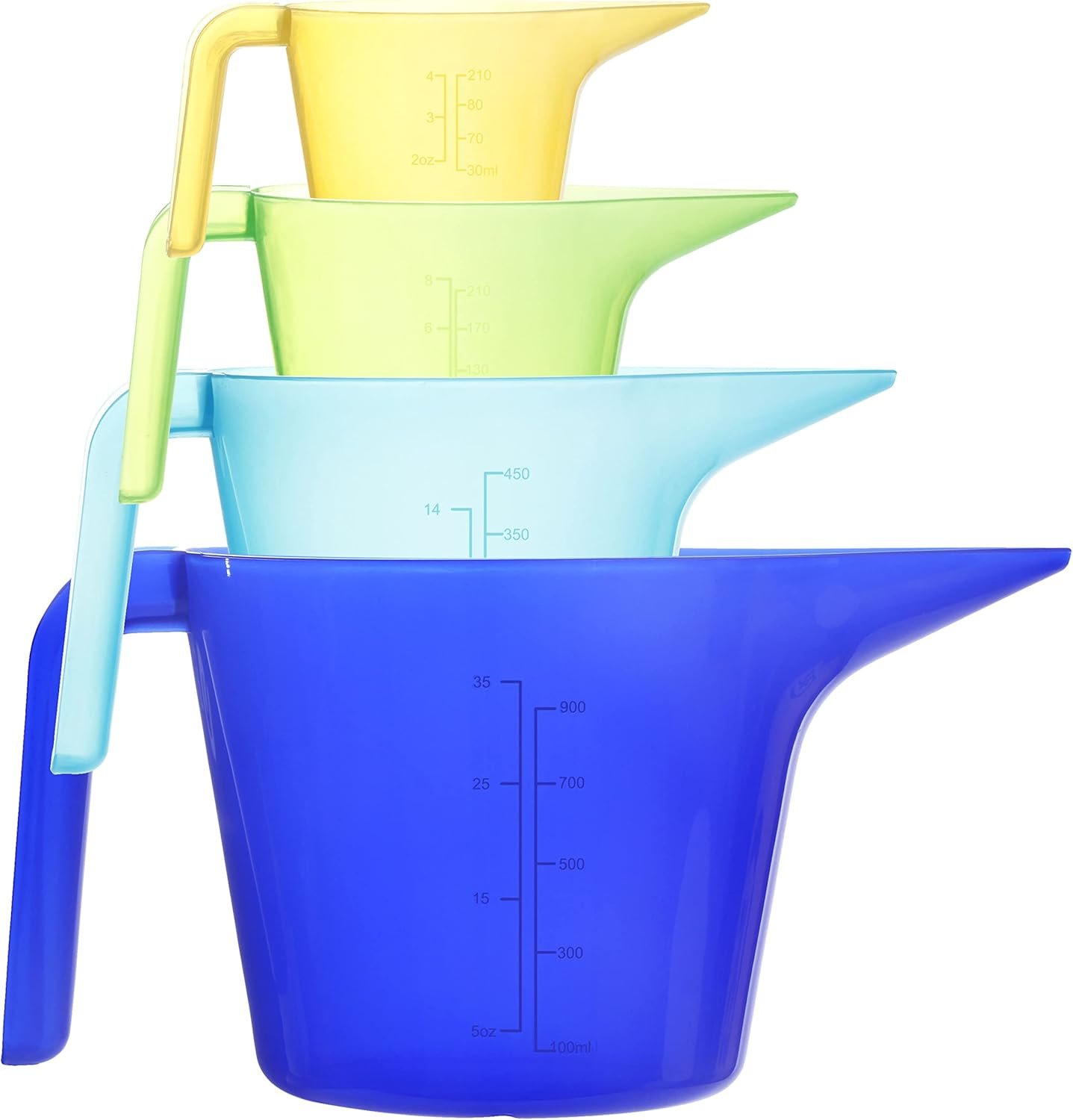 Youngever 4 Pack Plastic Measuring Cups Set, Nesting Mixing Bowls, Color Measuring Cups Set, 4oz, 8oz, 16oz, 36oz (Multi-Color)