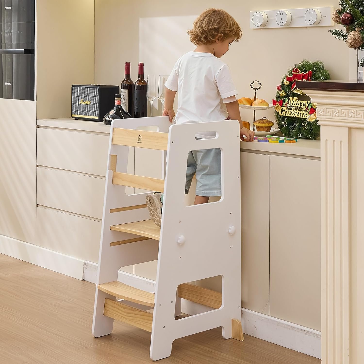 WOOD CITY Kitchen Step Stool – Safe Montessori Standing Tower for Kids with Safety Rail, Height Adjustable Toddler Ideal Helper for Learning New Skills, Anti-Slip Protection for Bathroom – White