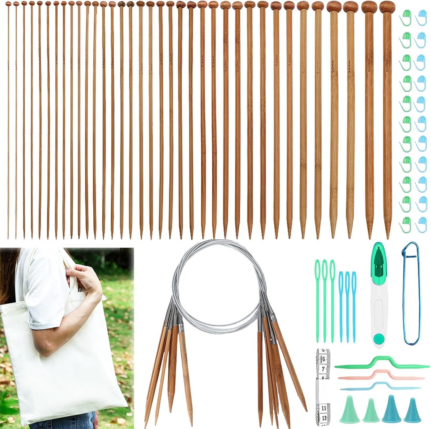 Hobekoee Bamboo Knitting Needles Set,36Pcs 9.8″ Straight Single Pointed Bamboo Knitting Needles Set and 8Pcs 32″ Circular Knitting Needles Kit with Storage Bag for Beginners Knitting Lovers