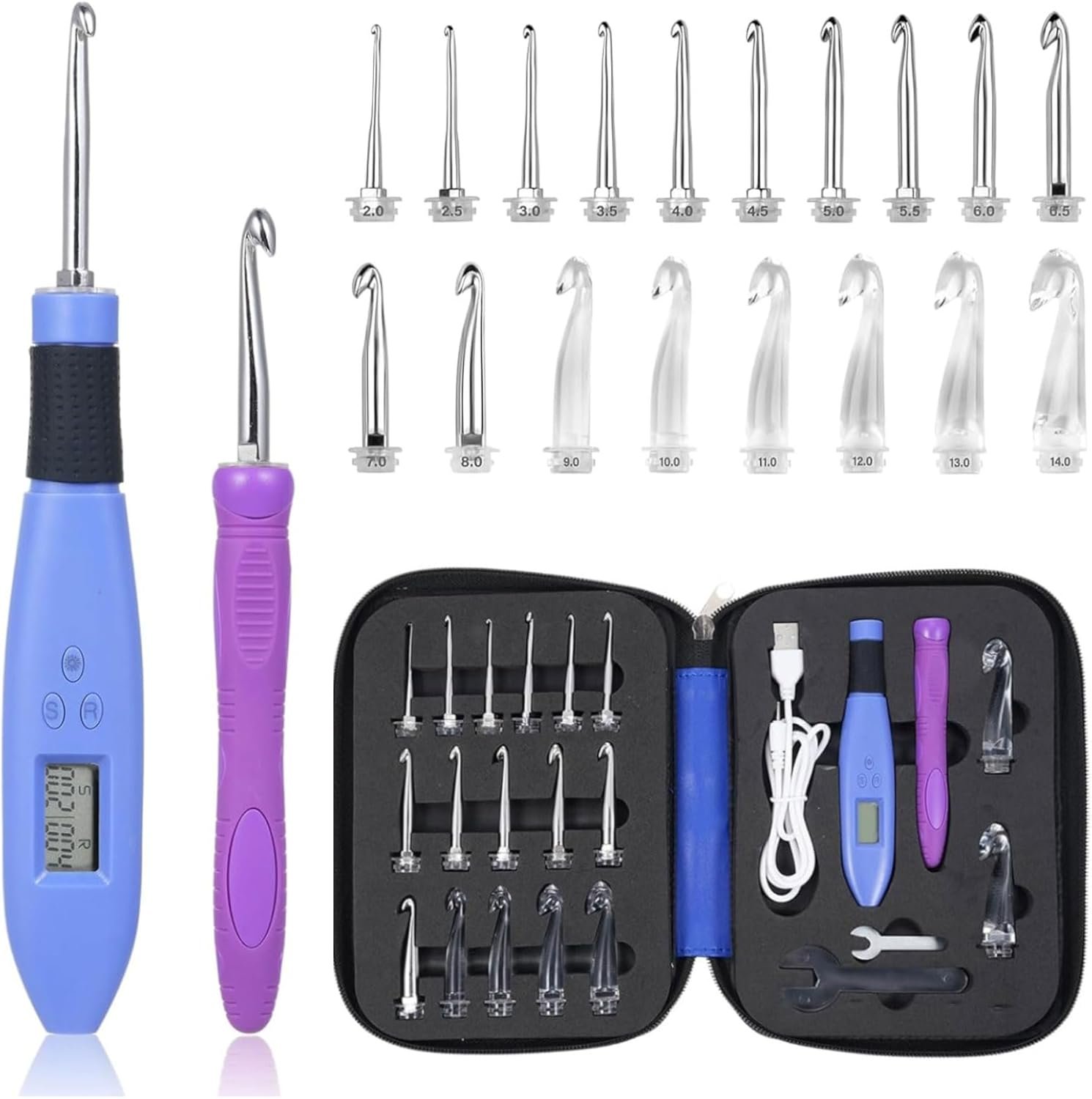 Foxyoo Ergonomic Crochet Hooks Set with LED Light & Stitch Counter – 18 Piece Interchangeable Kit (2.0-14.0mm) for Arthritis Relief, Beginners & Advanced Crocheters, Portable Travel Case Included