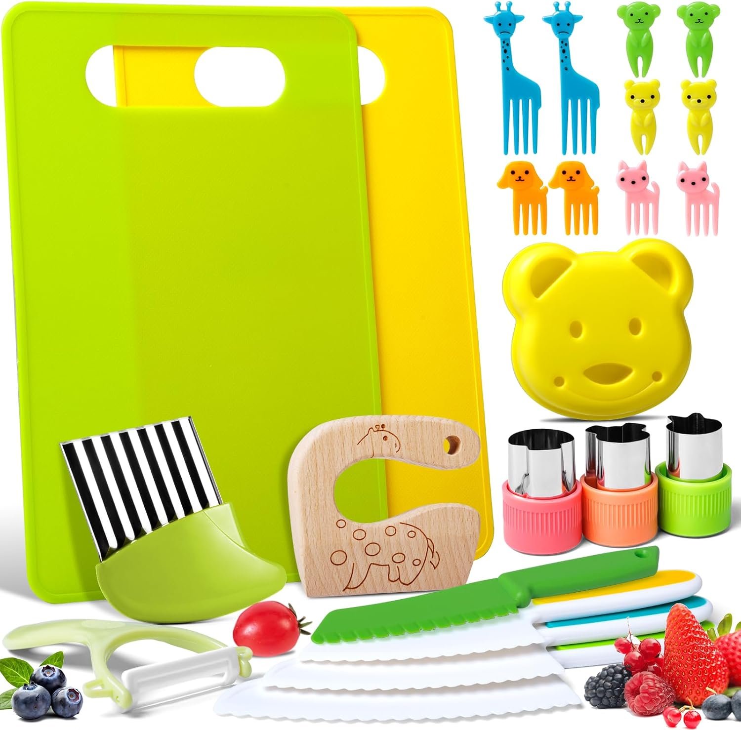 23 PCS Kids Cooking Sets, Kitchen Tools for Toddlers’ Real Cooking, Kids Kitchen Knife Set with Cutting Board Kid Safe Knives Peeler Sandwich Cutters Crinkle Cutter, for Girls Boys