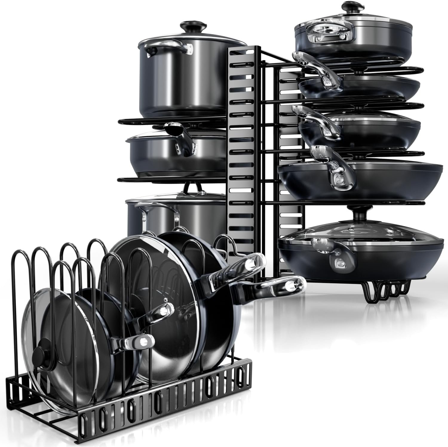 Pots and Pans Organizer Under Cabinet – 8-Tier Adjustable Pan Organizer Rack for Cabinet – Heavy-Duty Pot & Pan Organizer – Perfect to Store Pots, Pans, Lids – Easy Kitchen Organization and Storage