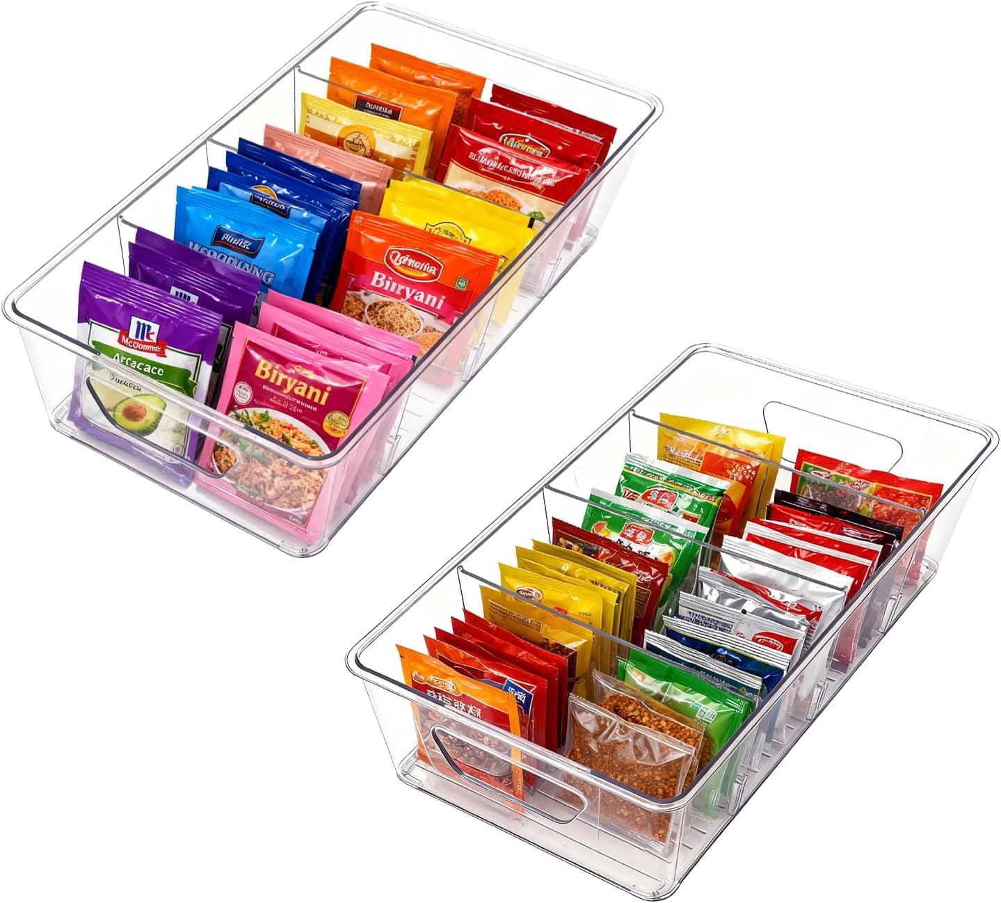 2 Pcs Seasoning Packet Organizer with Detachable Dividers, Storage Organizer Box for Cabinet, Kitchen Snacks Spice Packets Organizer and spice packet organizer