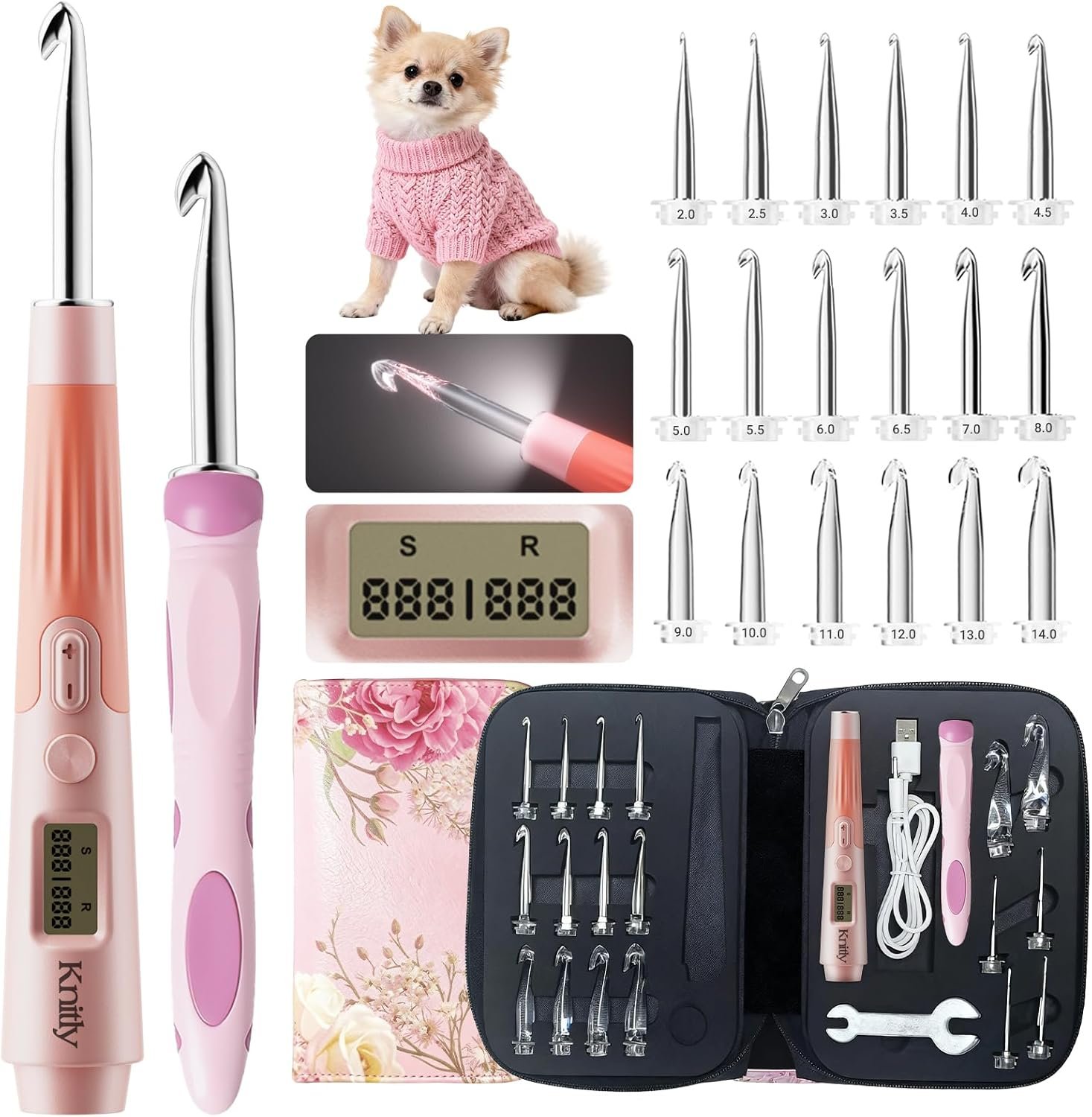 knitly Light Up Crochet Hooks Set with Digital Counter,18 Size Counting Crochet Hook with 2.0–14.0 mm Interchangeable Hooks,Ergonomic Crochet Kit&Gift for Arthritic Hands