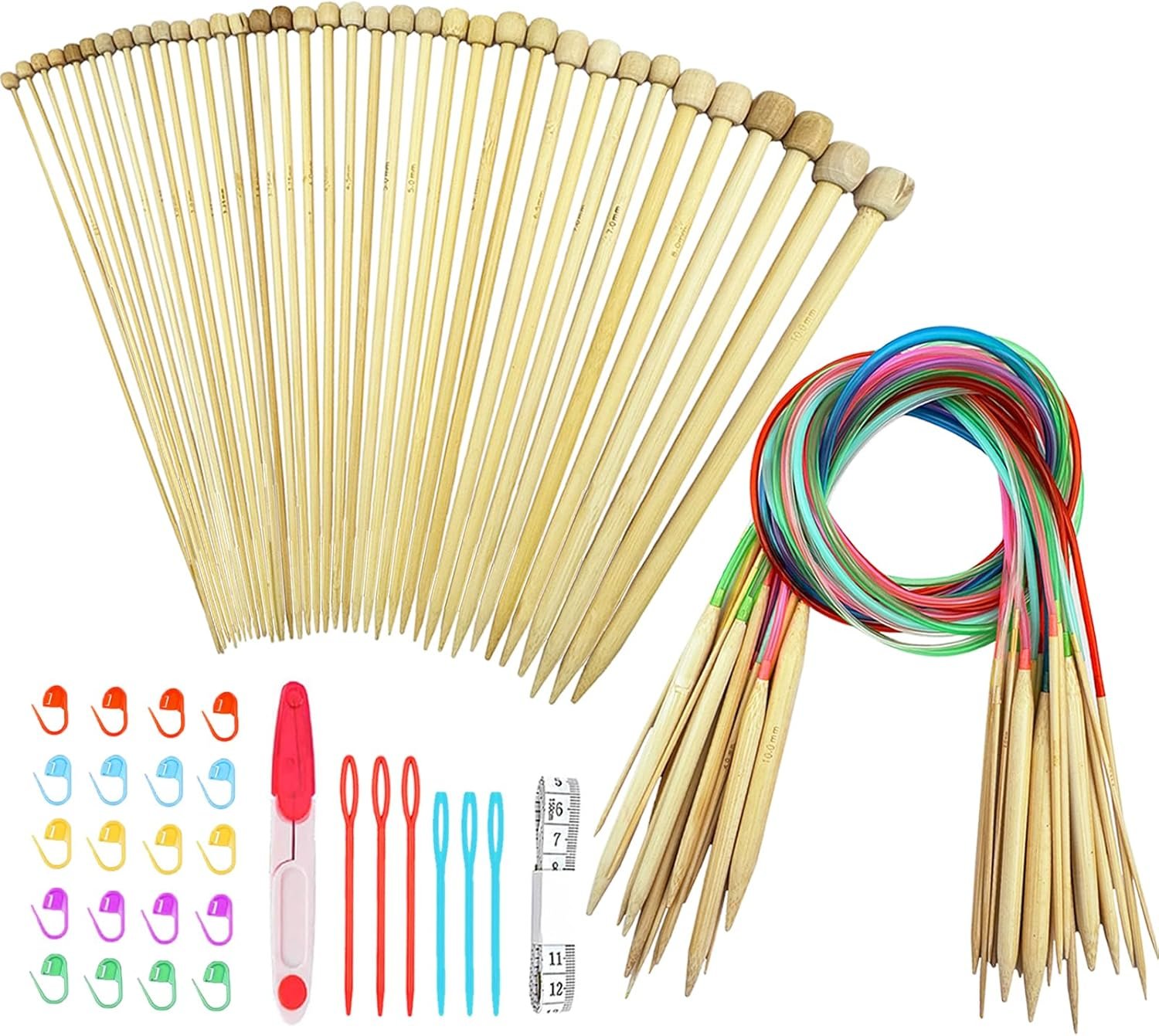 Hobekoee Knitting Needles Set,36 PCS 9.8″ Straight Single Pointed Bamboo Knitting Needles ＆ 18 Pairs 31.5” Bamboo Circular Knitting Needles Set with Colorful Plastic Cable,18 Sizes: 2mm-10mm