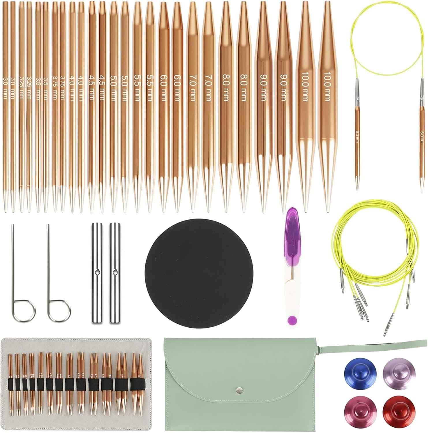 Circular Knitting Needles Set, 13 Pairs Interchangeable Aluminum Round Circular Needle for Knitting, Aluminum Metal Knitting Needles Includes 4 Cables, Accessories and Storage Bag (Rose Gold)