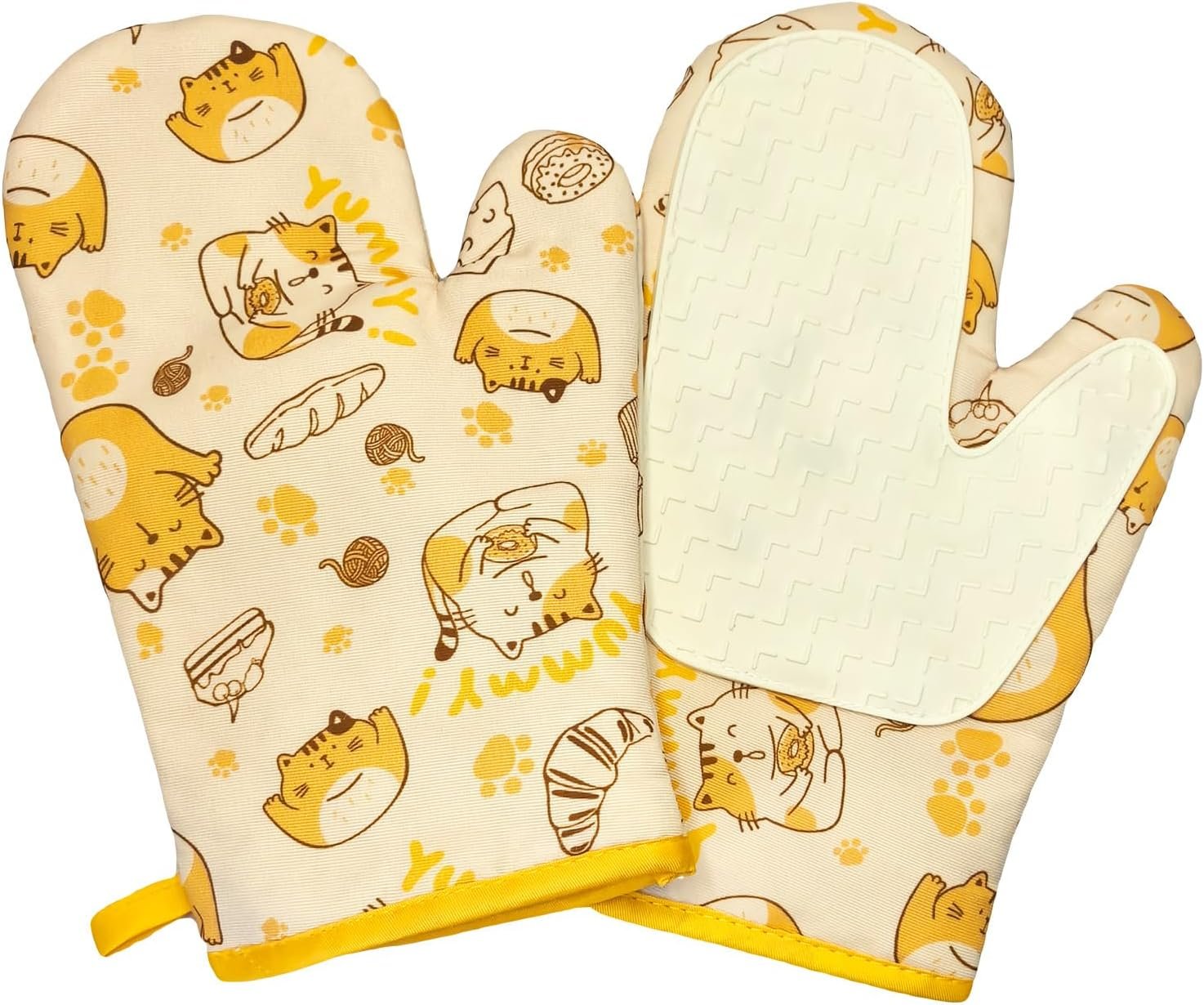 Non-Slip Silicone Oven Mitts Pair Cute BPA-Free Oven Mitts for Heat Resistant 500 Degrees Washable Kitchen Mittens with Cotton Lining for Cooking Baking Grilling (Light Yellow)