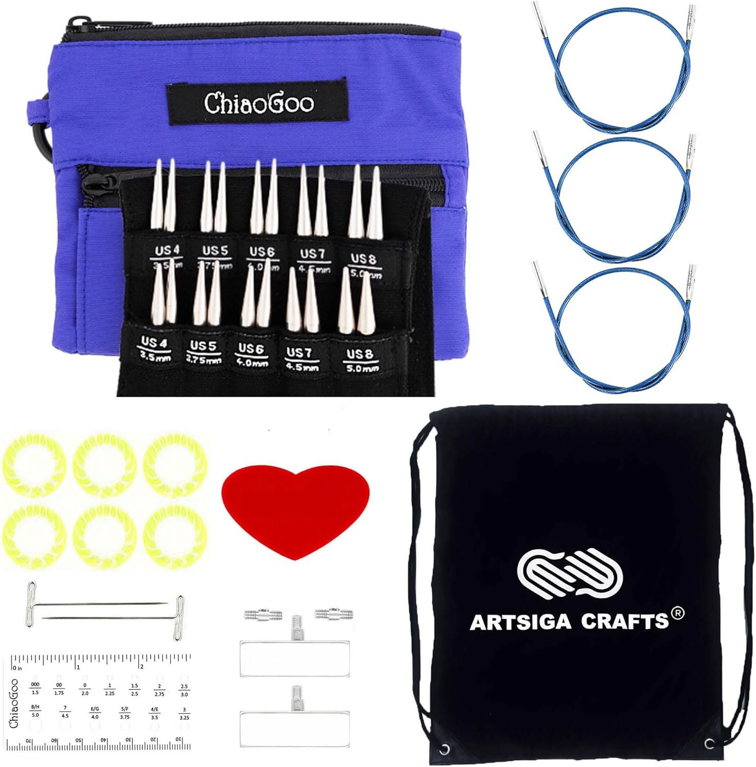 ChiaoGoo Twist Red Lace Shorties 2 & 3-Inch Large Blue 7230-S Interchangeable Knitting Needle Set, 10-Pairs Sizes US 4, 5, 6, 7, 8, Stainless Steel with 3 Cords with Project Bag