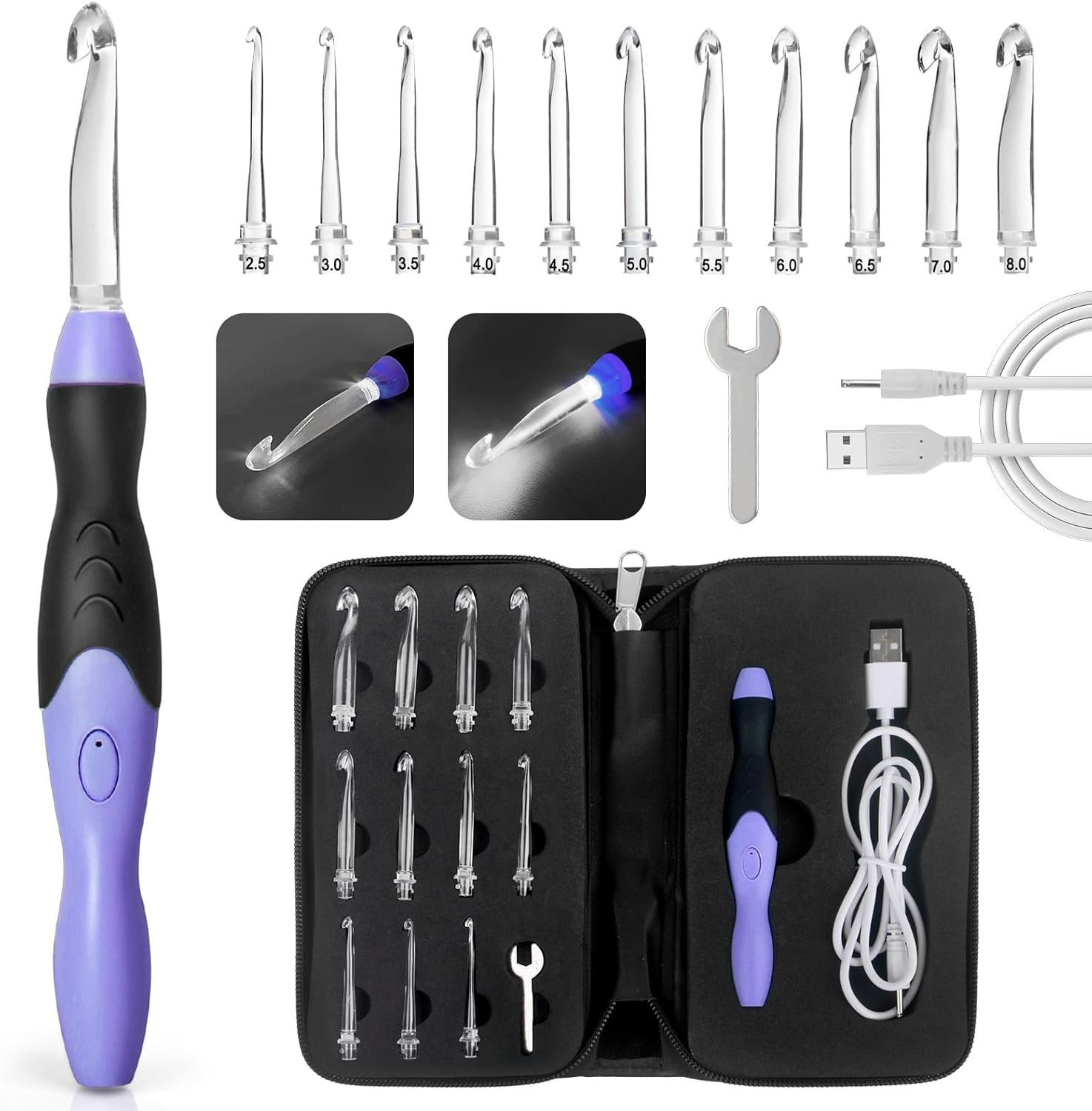 Light Up Crochet Hook Sets, 11 Sizes Interchangeable Lighted Crochet Hook Set, LED Rechargeable Crochet Hooks for Dark Yarn, Ergonomic Grip Crochet Kit for Beginners Crochet Needles Kit with Case
