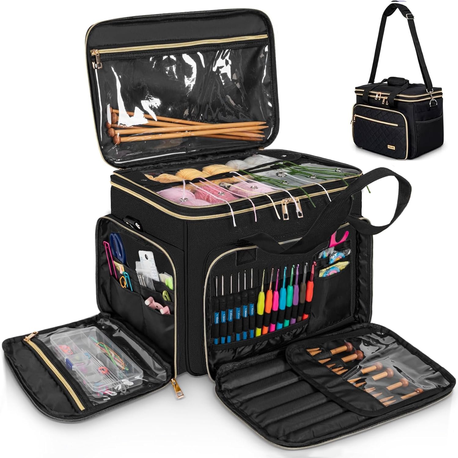 FREEAMG Knitting Bag Yarn Storage Tote, Large Crochet Organizer Bag, Yarn Holder Case for Knitting Needles, Knitting Project Bag with Inner Divider for Knitting Accessories, Crochet Hooks, Black