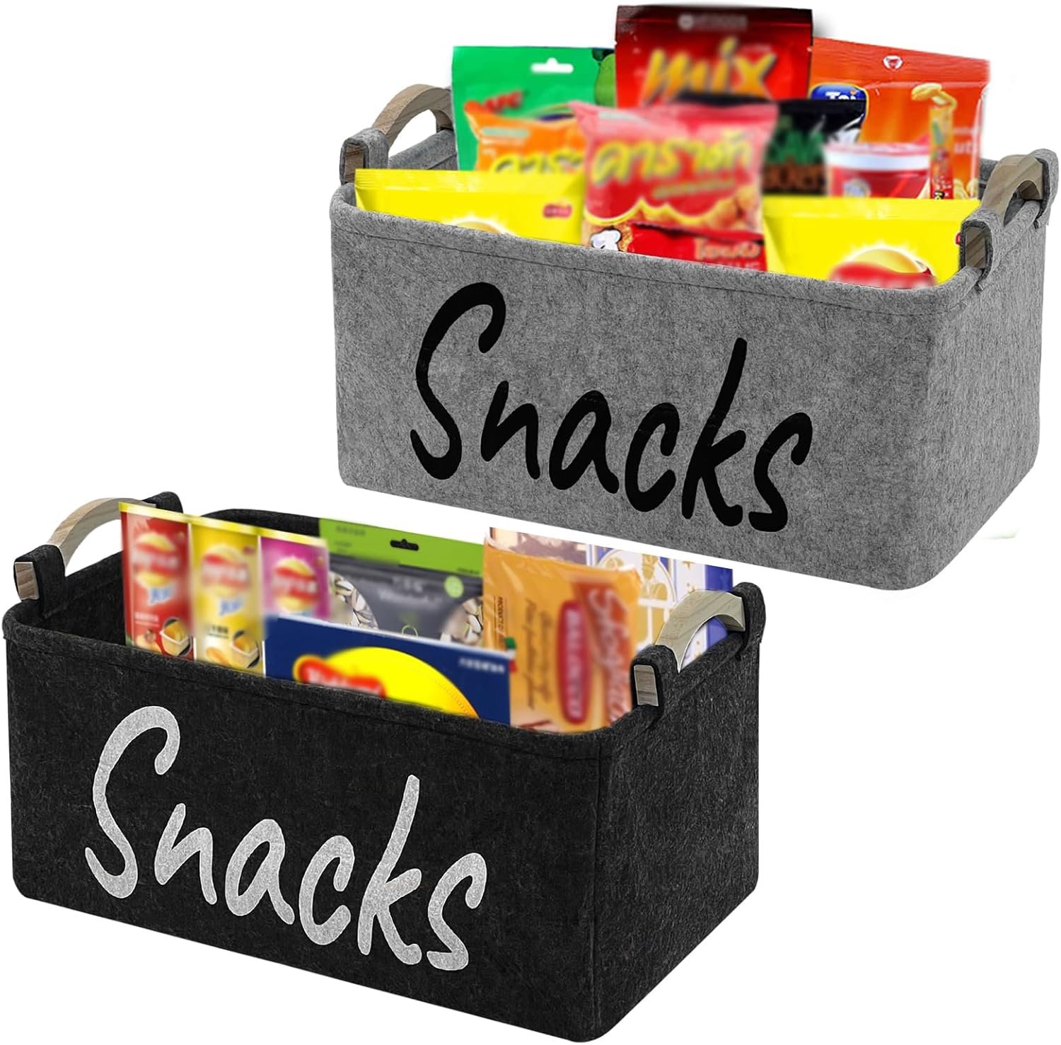2 PCS Snack Bin Organizer for Pantry, Snack Basket Organizer for Countertop with Wooden Handles Thickened Felt Snack Storage Containers for Storing Chips Pretzels Cookies Popcorn and More
