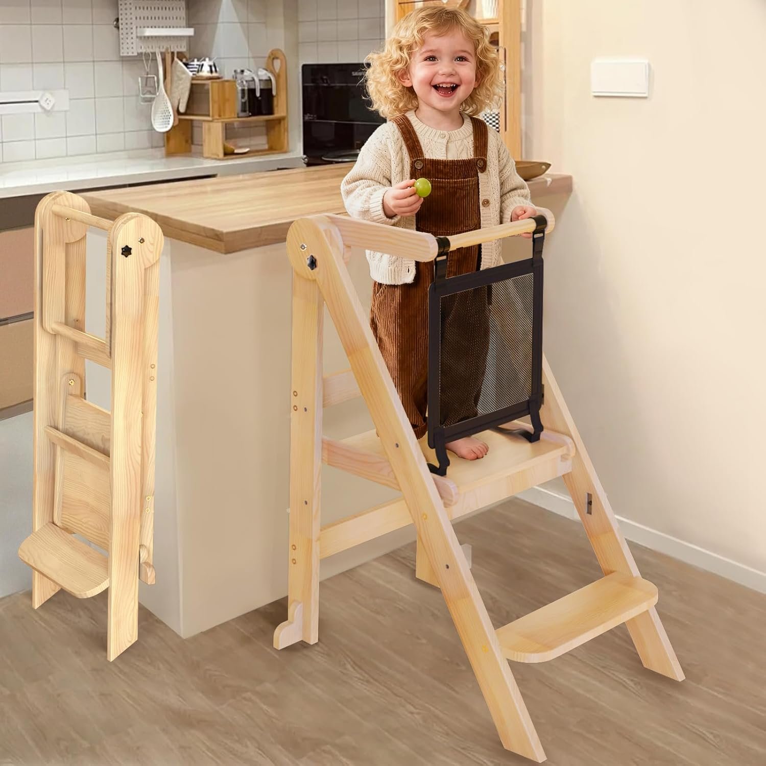 Foldable Toddler Tower, 3 Adjustable Height Toddler Standing Tower, Wooden Kids Kitchen Stool Helper with Safety Rails, Space Saving Kids Step Stool – Ages 18 Months to 6 Years