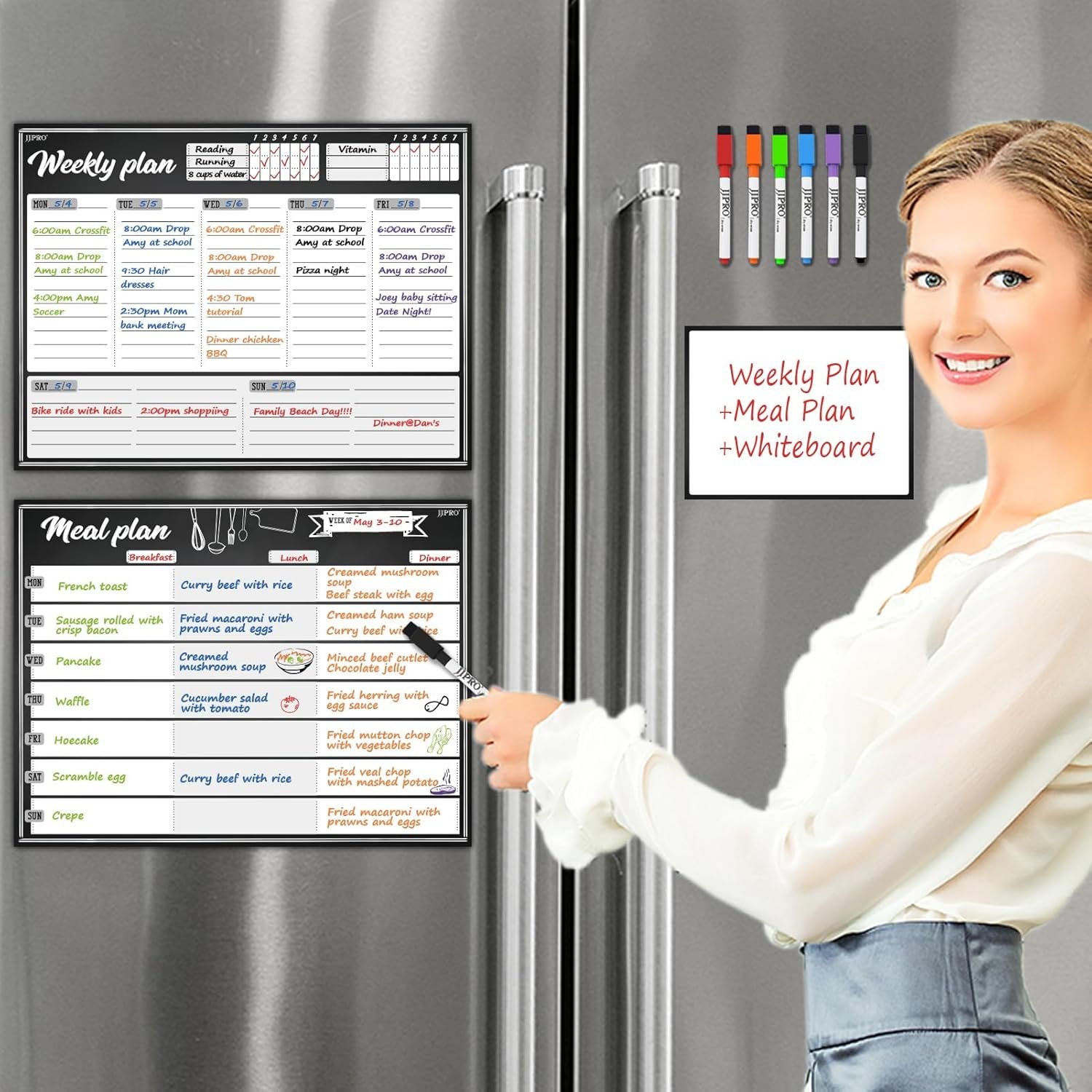 JJPRO Magnetic Dry Erase Meal Planning Whiteboard for Refrigerator-Magnetic Weekly Planner for Fridge-One Bonus Notepad whiteboard-Refrigerator Organizer with Weekly Planning Boards